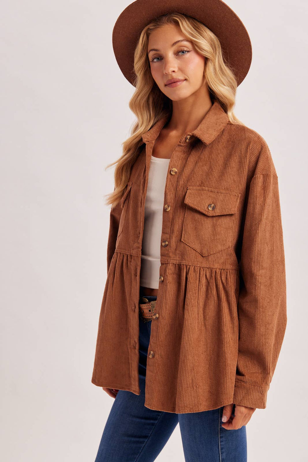 BUTTON DOWN CORDUROY PEPLUM SHACKET