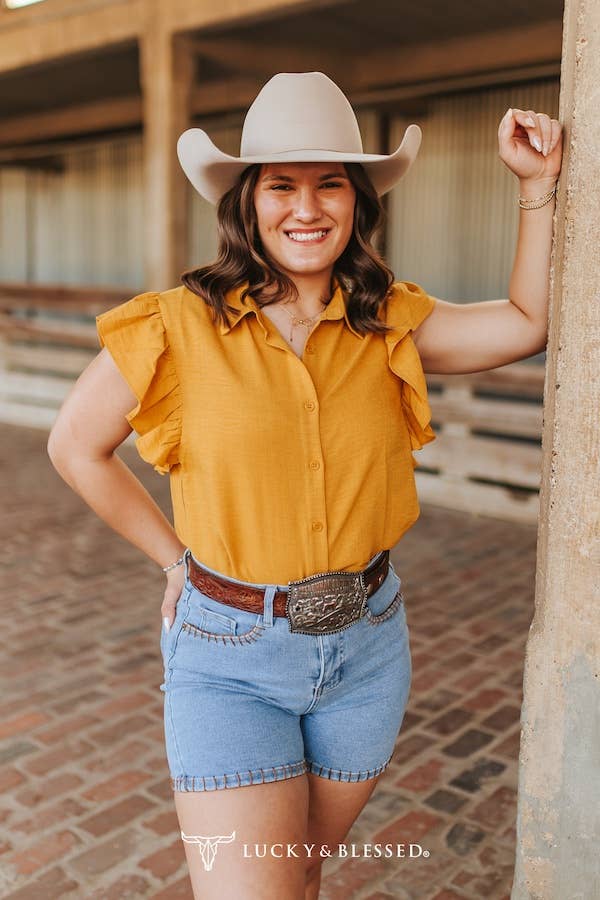 Mustard Collared Button Down Ruffle Short Sleeve Top