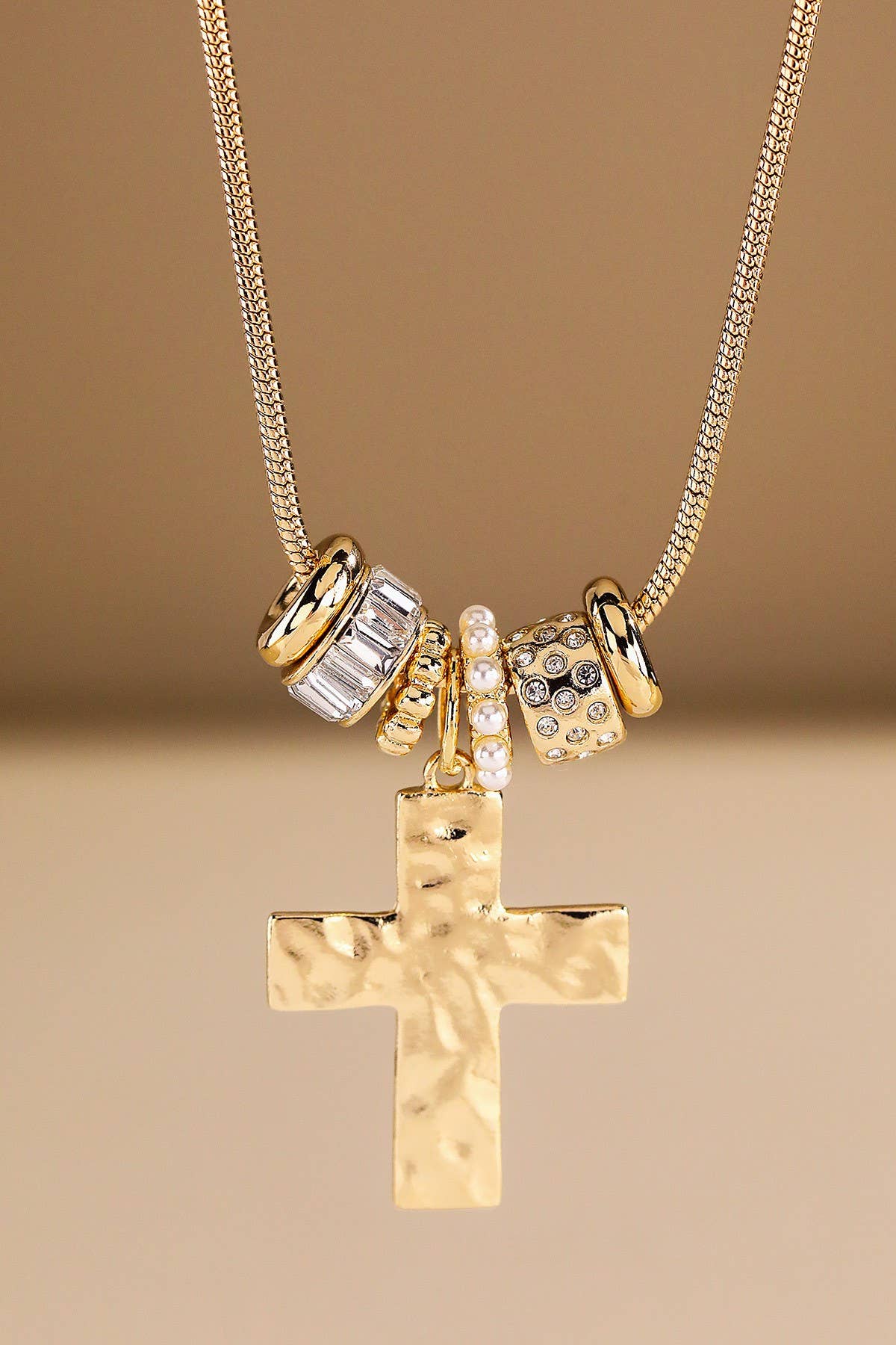 Hammered Cross & Beaded Charm Necklace