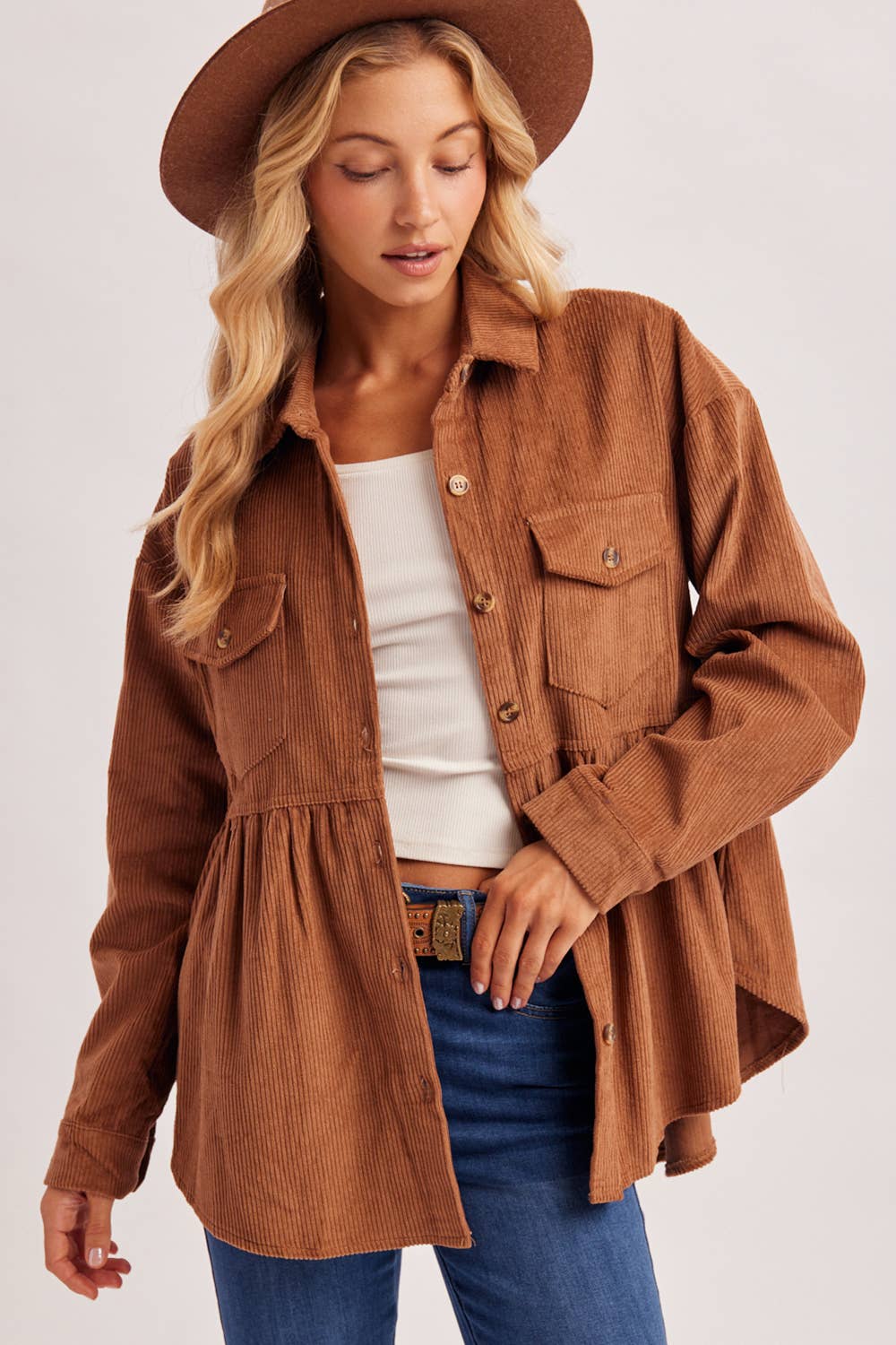 BUTTON DOWN CORDUROY PEPLUM SHACKET