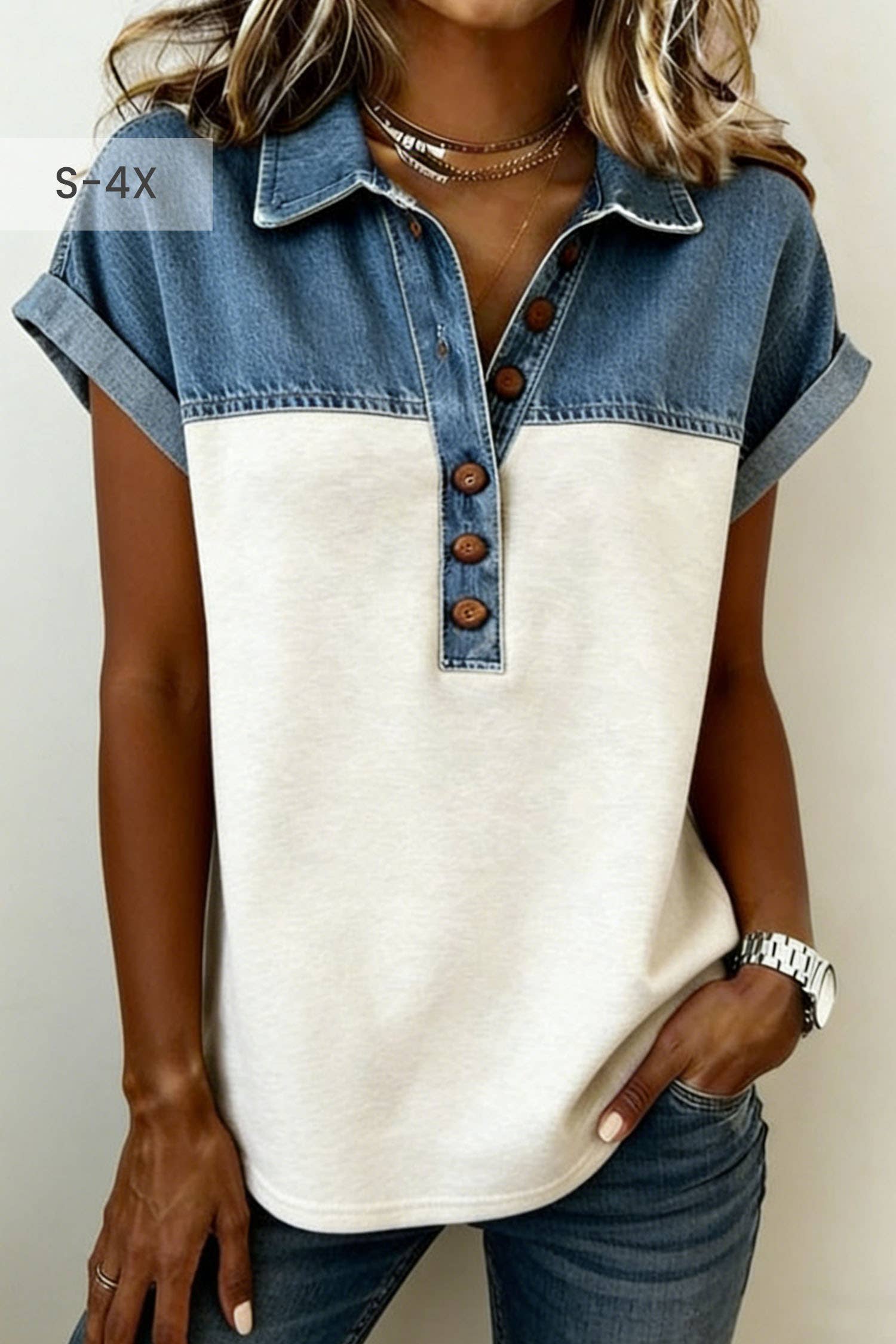 Color Block Denim Patchwork Polo Collar Top