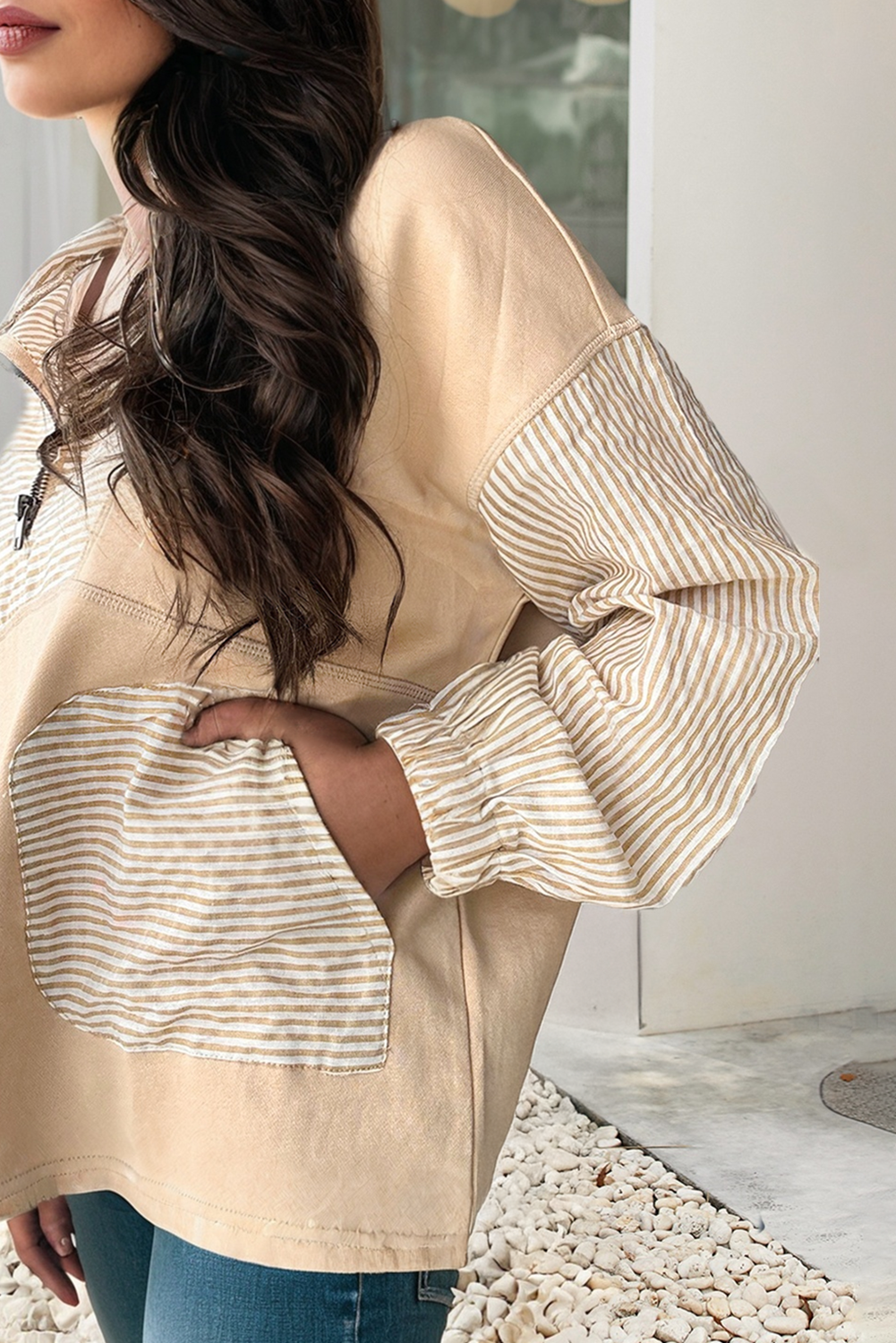 Striped Collared Zipper Long Sleeve Blouse