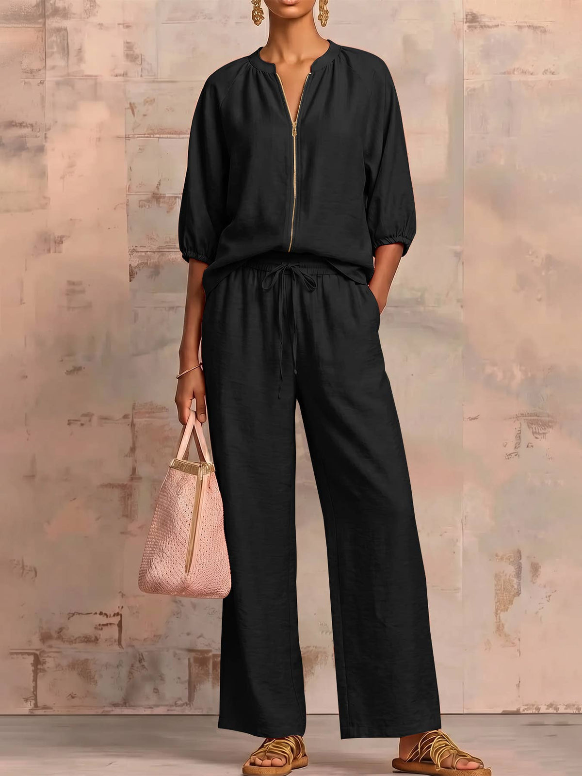 Casual Zip-Up Crewneck Top And Wide-Leg Pants Two-Piece Set