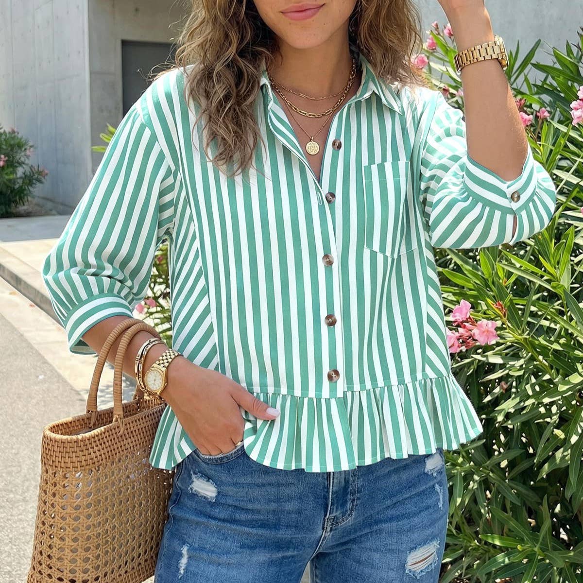Western Vintage Striped Button Down Ruffle Top