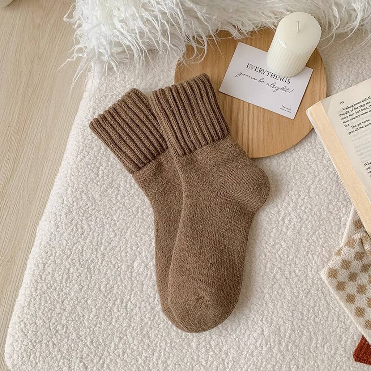 Brown Thick Crew Socks Women Winter Warm Cozy