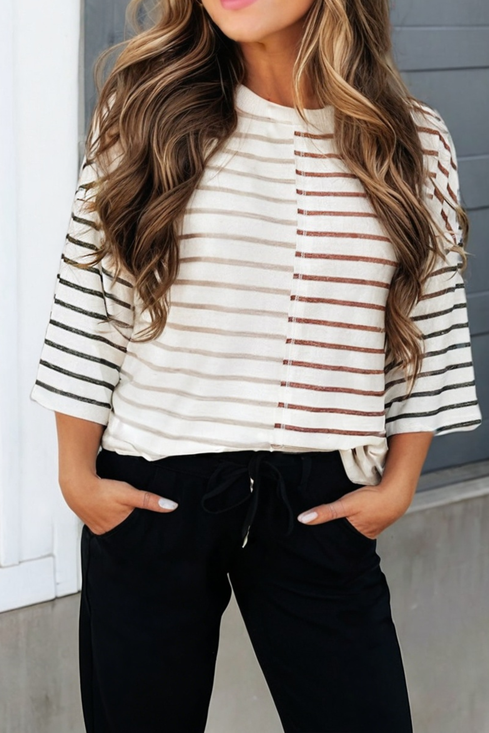 Stripe Colorblock 3/4 Sleeve Loose T Shirt