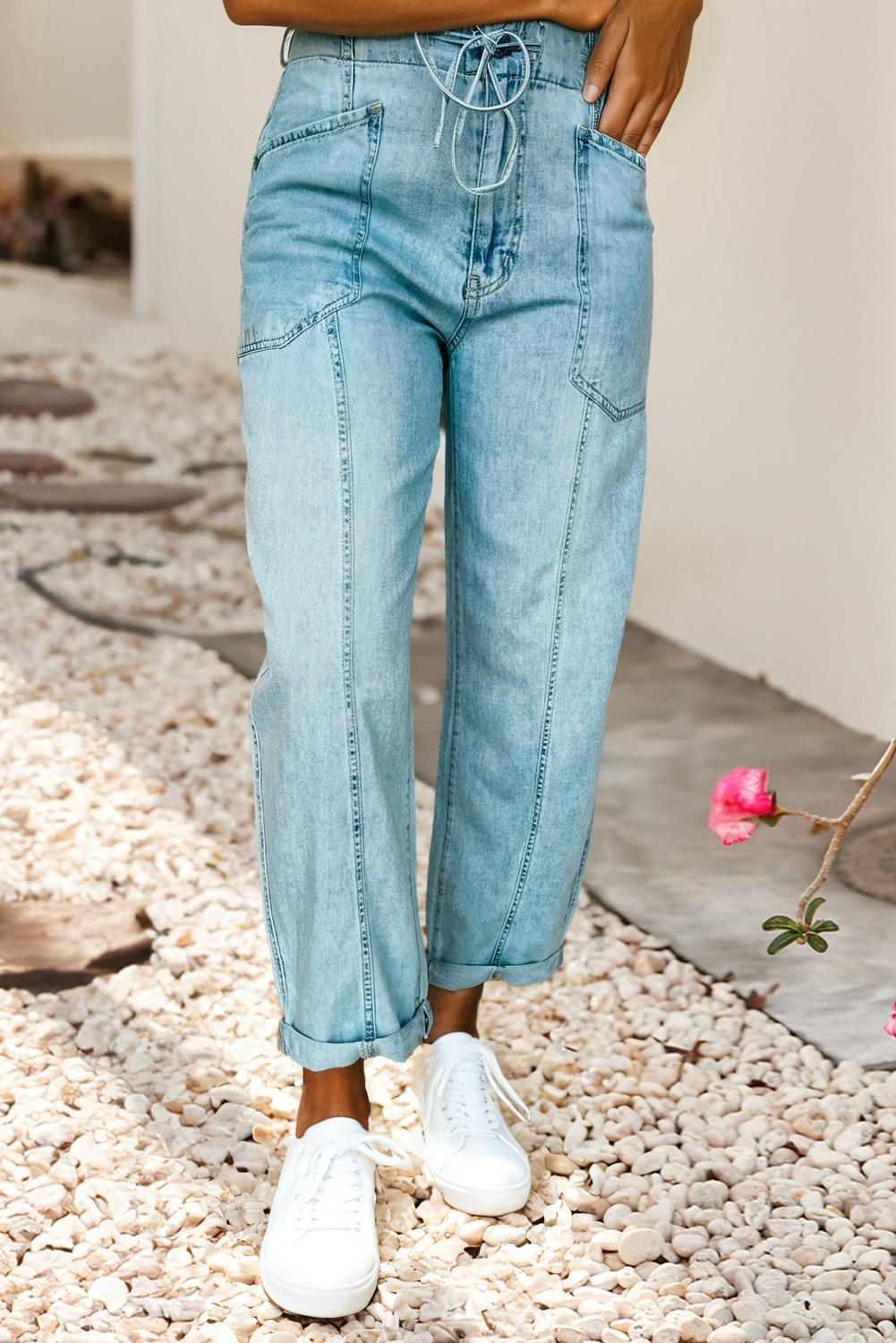 Exposed Stitch Detail Drawstring Barrel Jeans