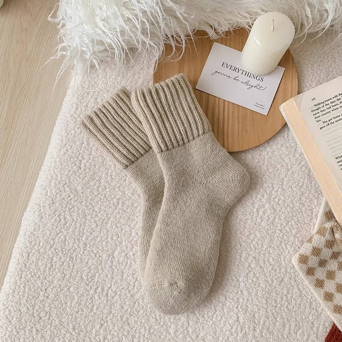 Brown Thick Crew Socks Women Winter Warm Cozy