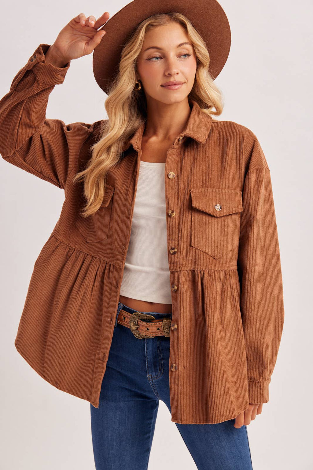 BUTTON DOWN CORDUROY PEPLUM SHACKET