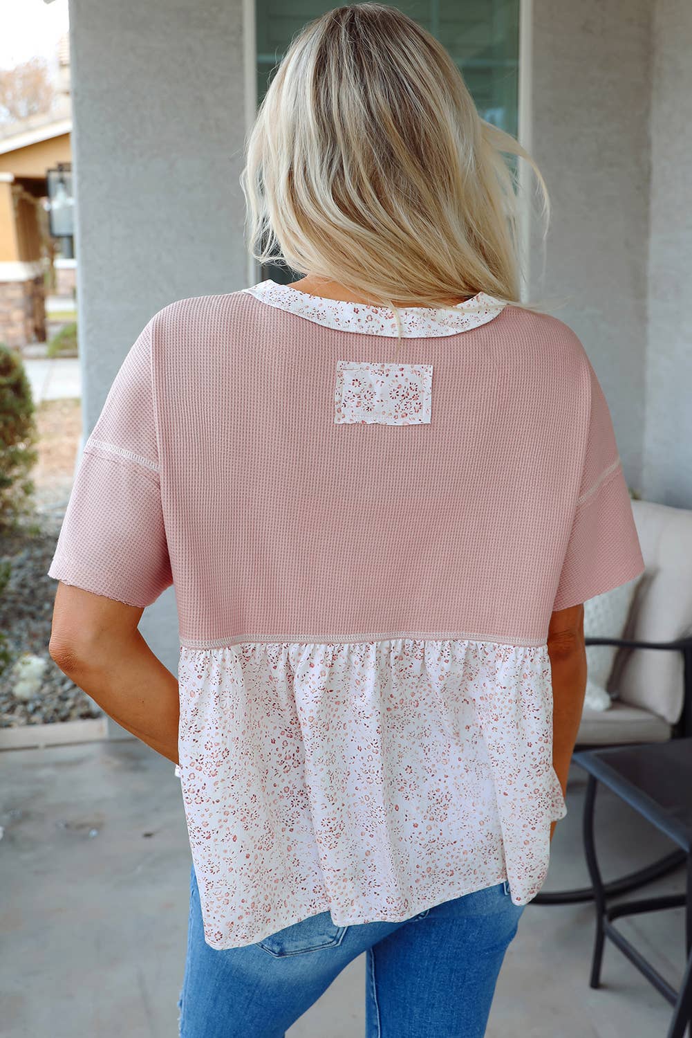 Waffle Floral Patchwork Exposed Seam Detail Top