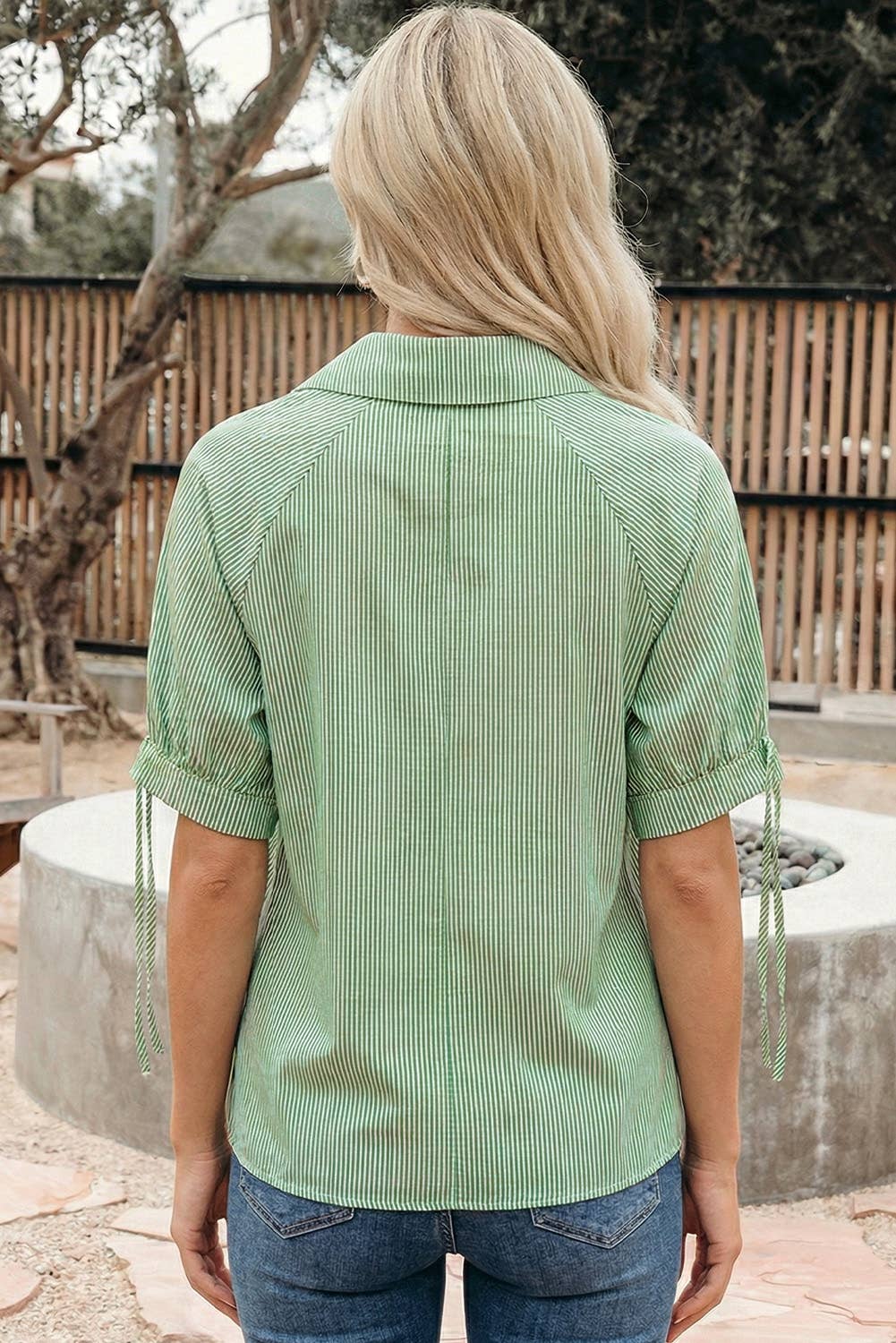 Striped Print Collared Split Neck Half Sleeve Blouse