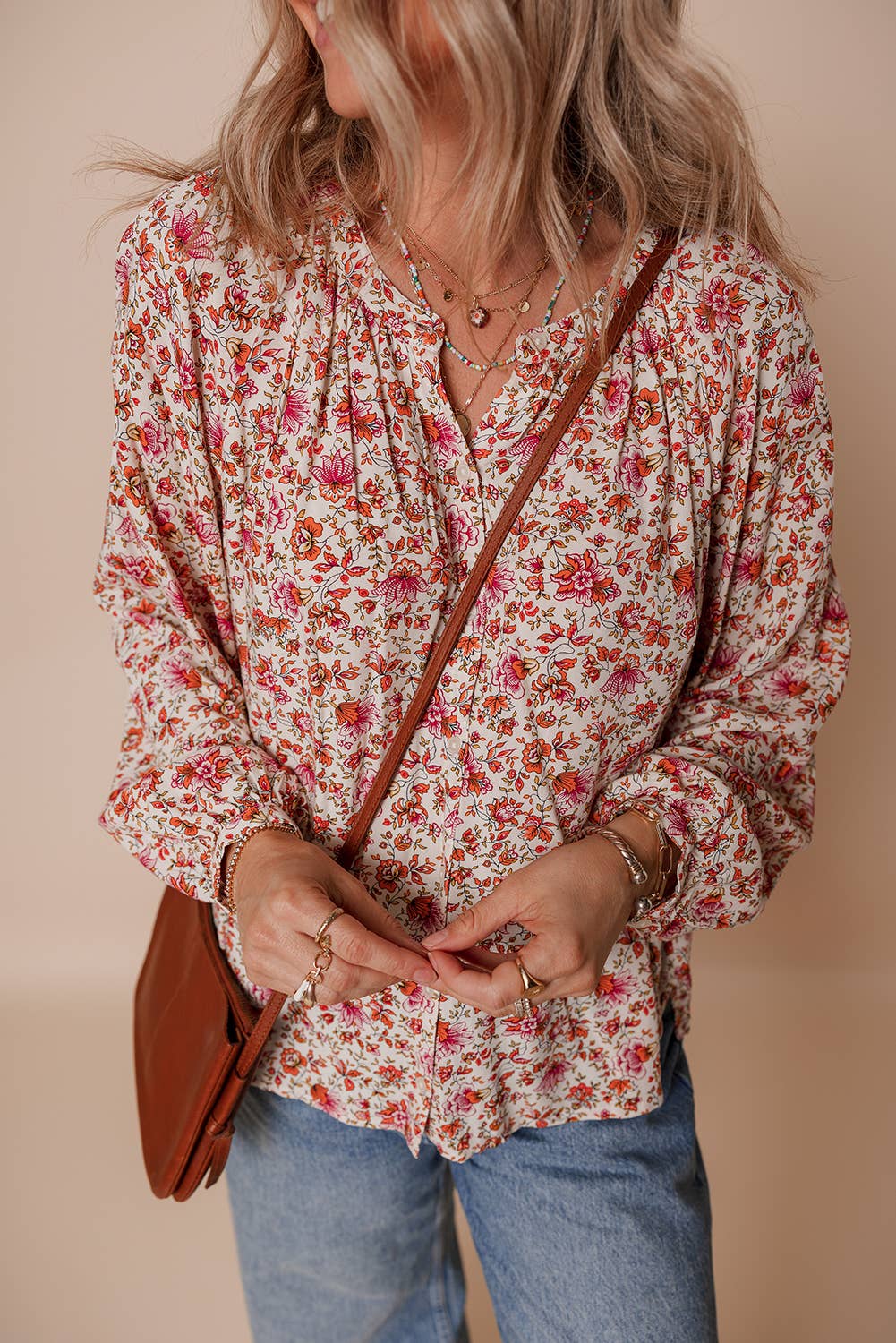 Floral Print Pleated Detail Notched Neck Blouse
