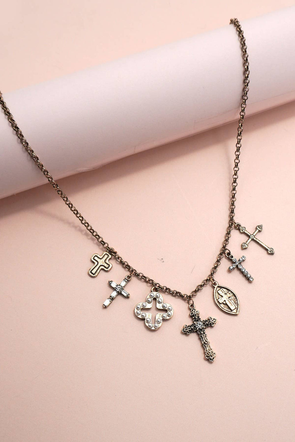 CHARM NECKLACE-BURNISH GOLD CROSS CHARMS