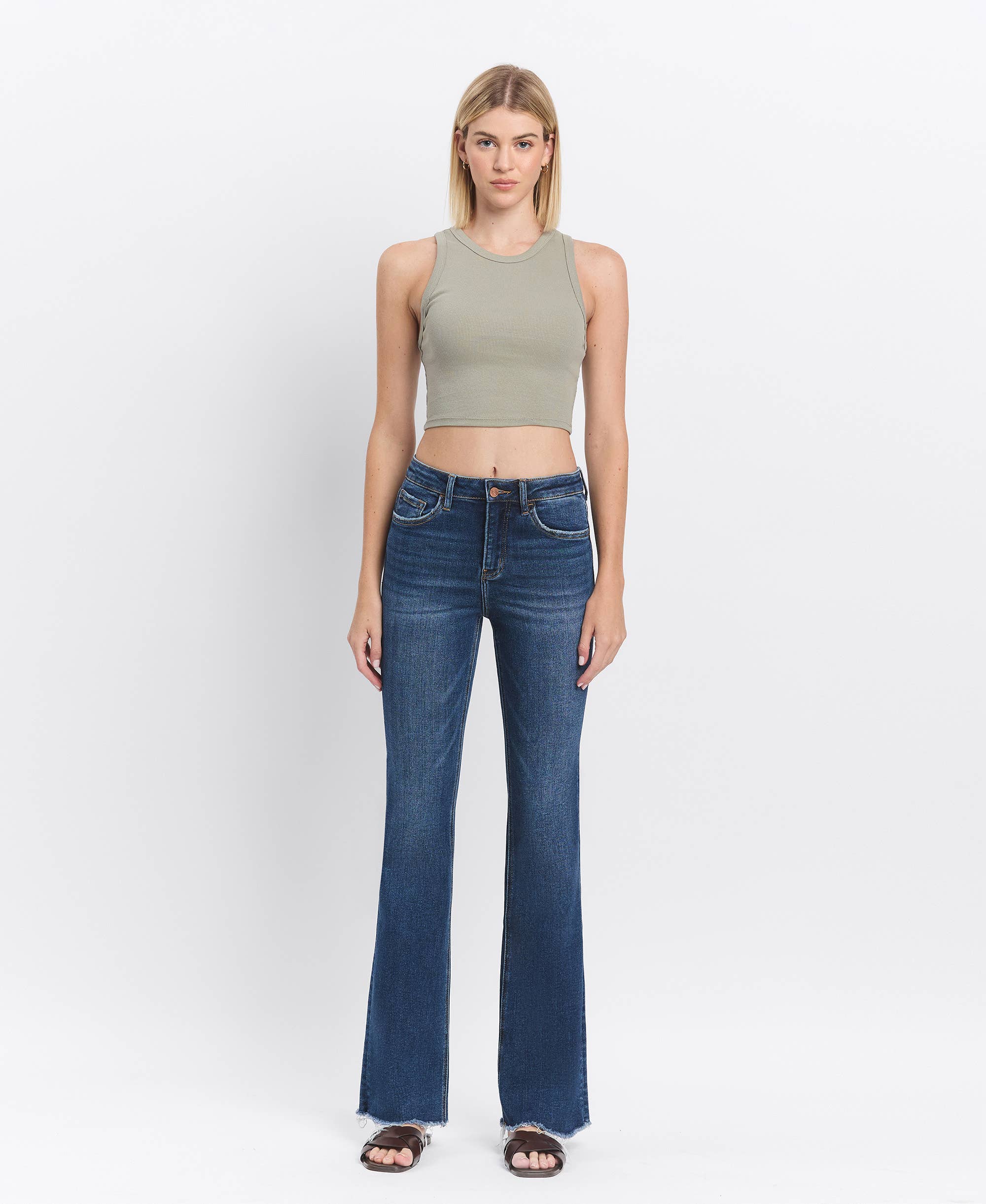 Lovervet by VERVET High Rise Medium Dark Wash Raw Hem Bootcut Jeans