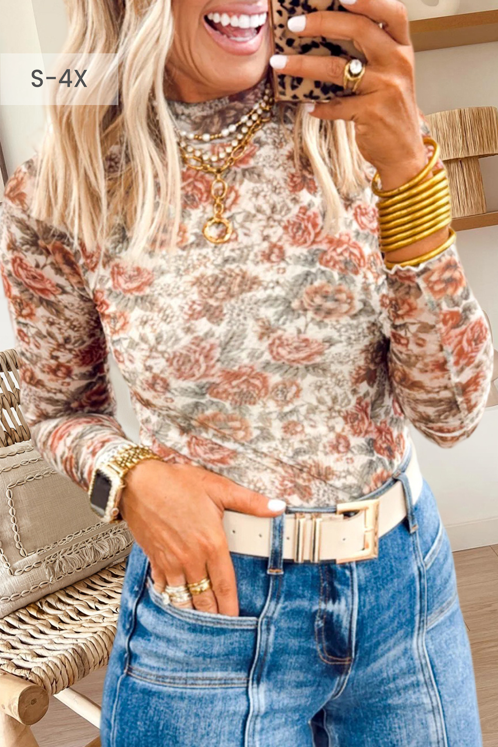 Floral Print Mesh Mock Neck