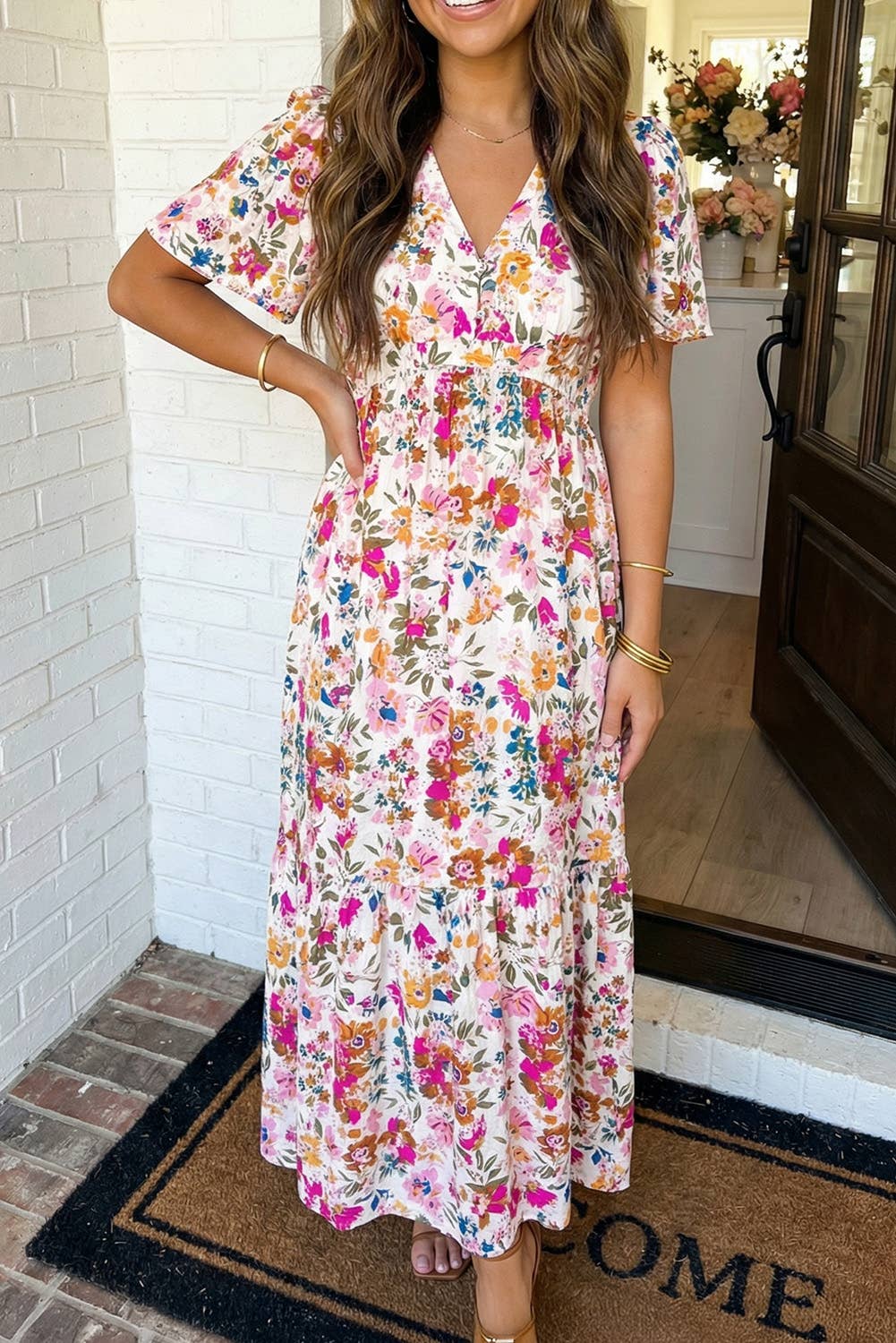 Floral Short Sleeve V Neck High Waist Maxi Dress