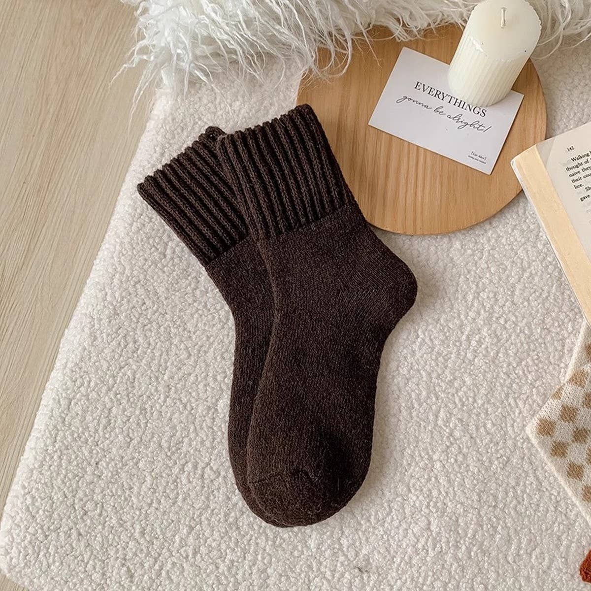 Brown Thick Crew Socks Women Winter Warm Cozy