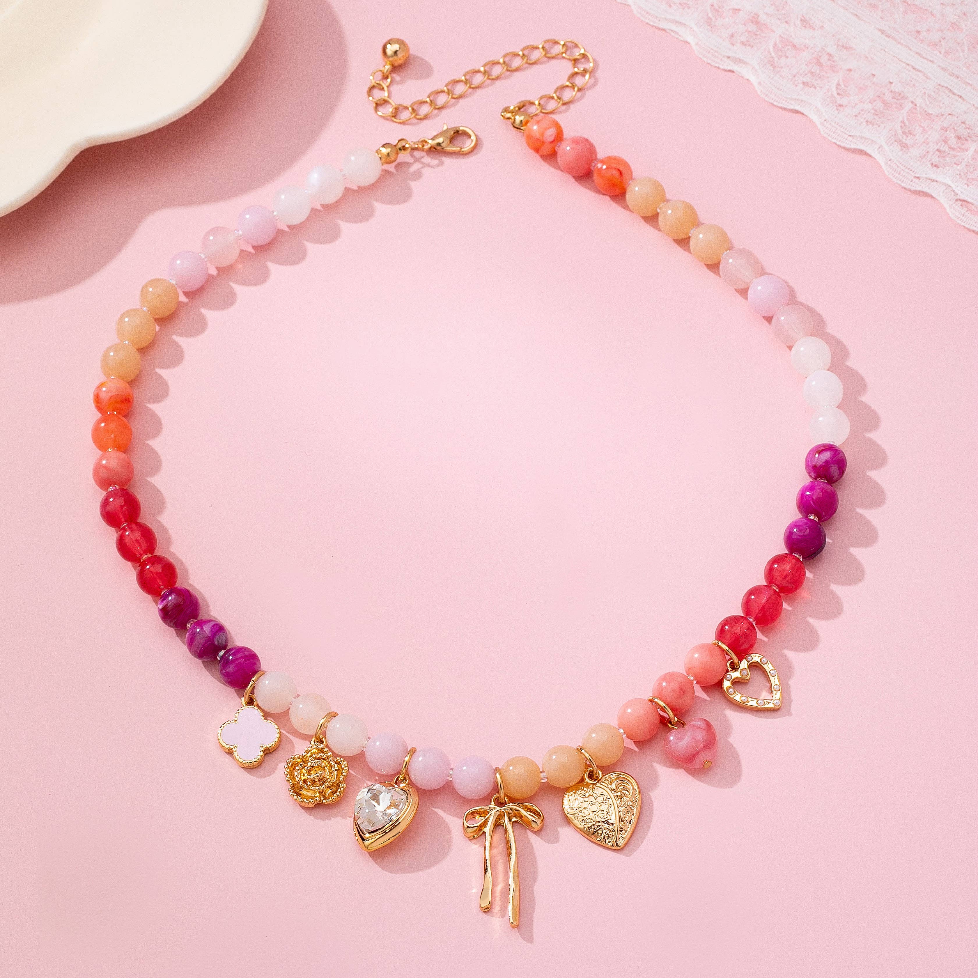 Pastel Beaded Bow Heart Flower Charm Necklace
