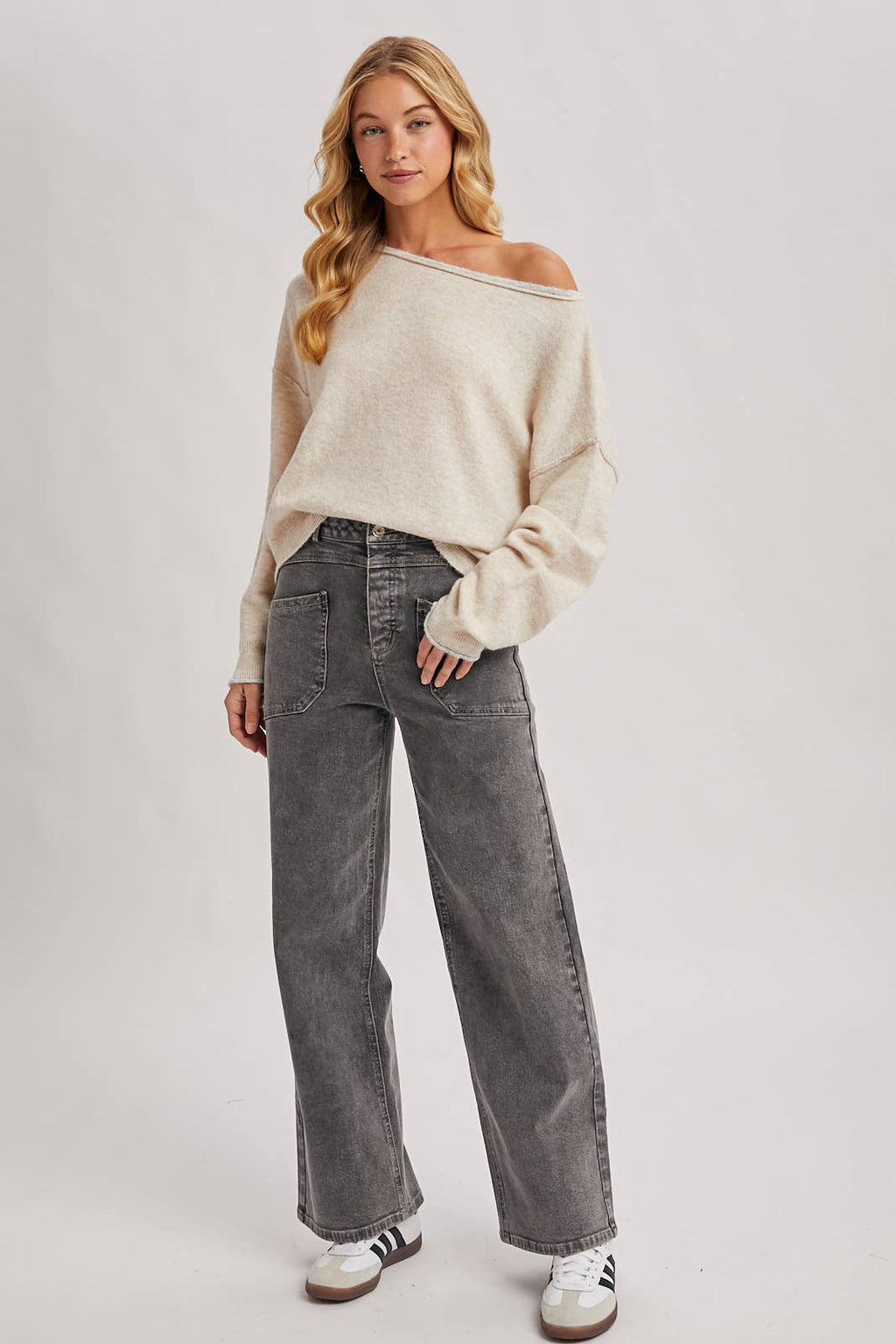 BOAT NECK ROLLED TRIM SOFT HEATHERED KNIT PULLOVER