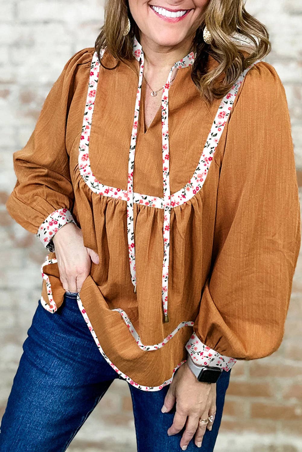 Floral Trim Pleated Puff Sleeve Blouse