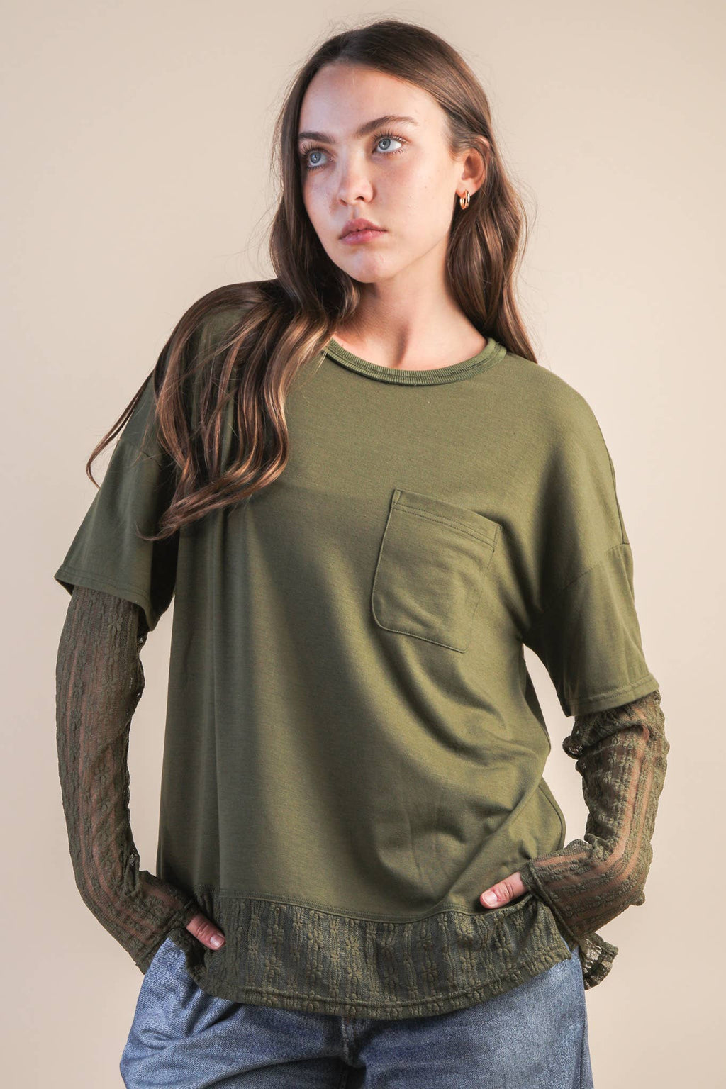 Oversized Casual Knit Top W/ Lace