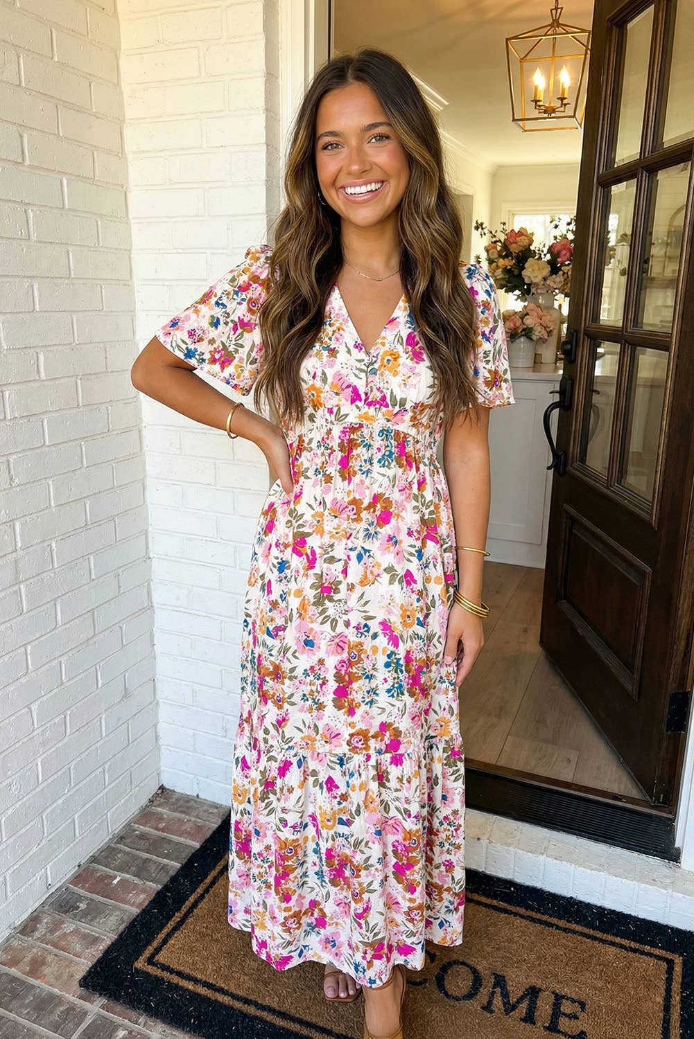 Floral Short Sleeve V Neck High Waist Maxi Dress