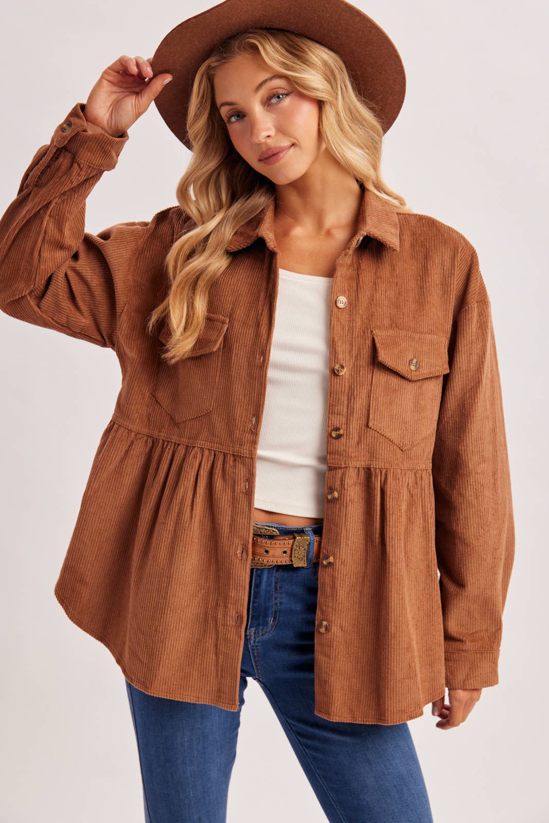BUTTON DOWN CORDUROY PEPLUM SHACKET