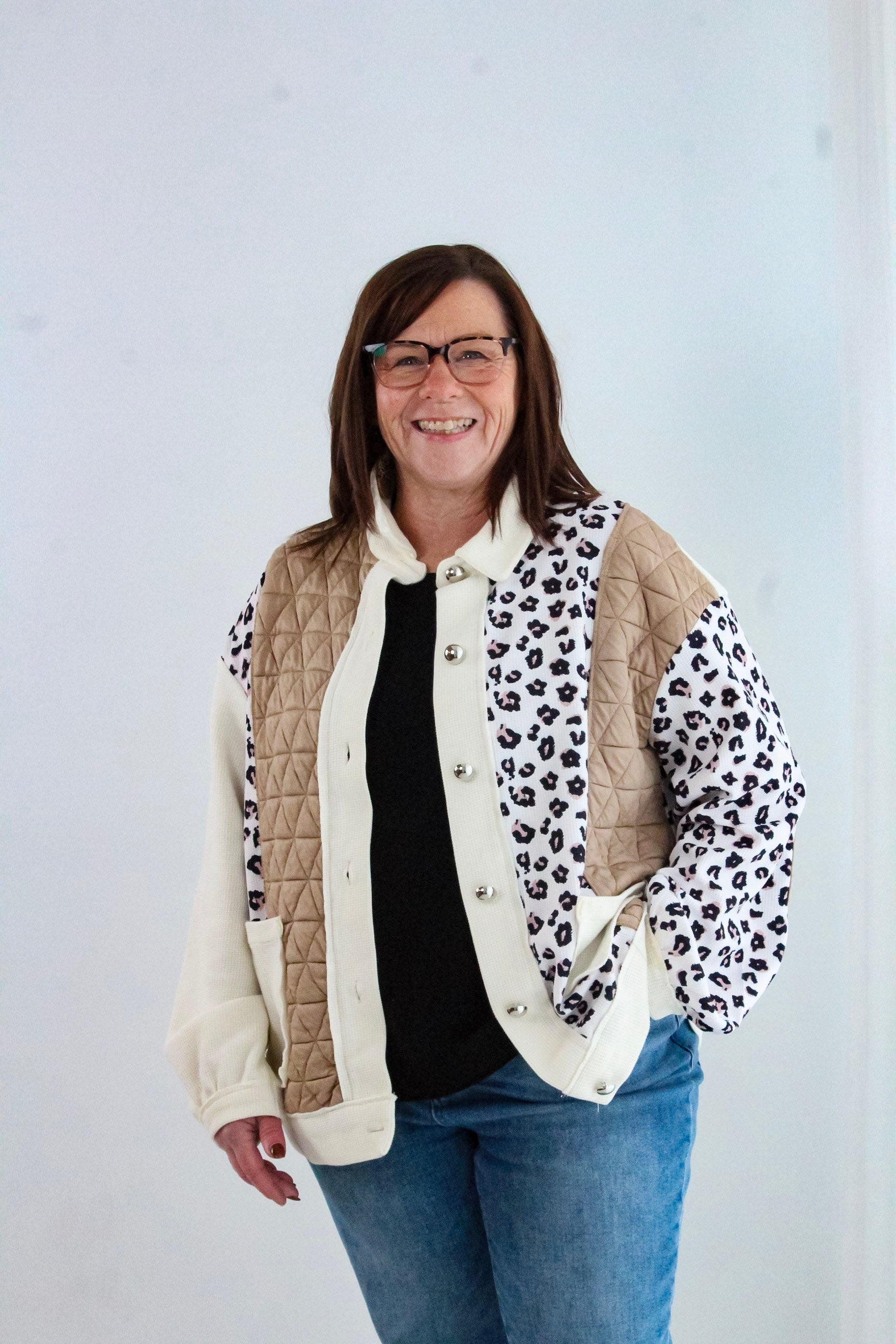 Leopard Waffle Quilted Patchwork Button Front Jacket