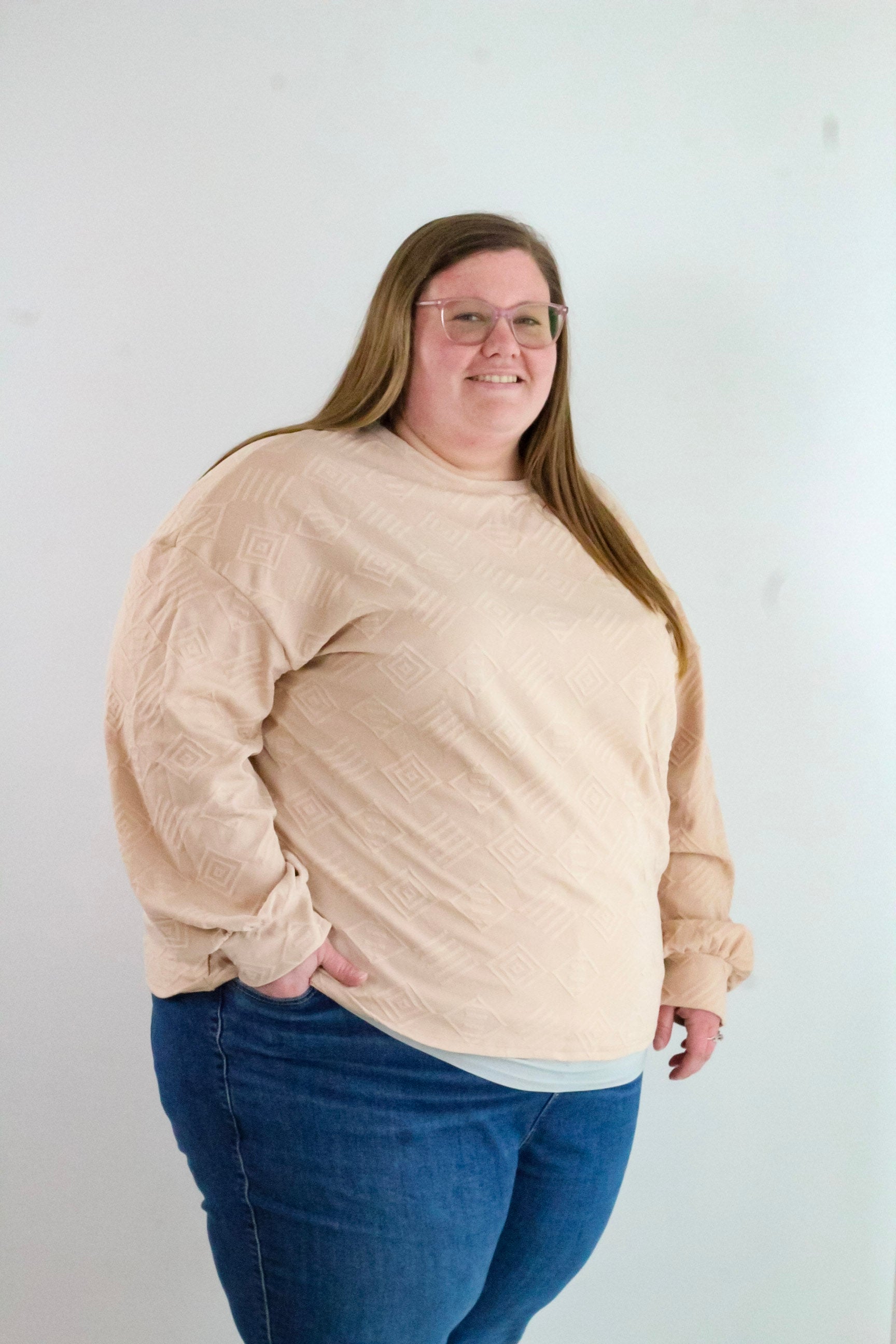 Plus Size Geometric Textured Crewneck Sweatshirt