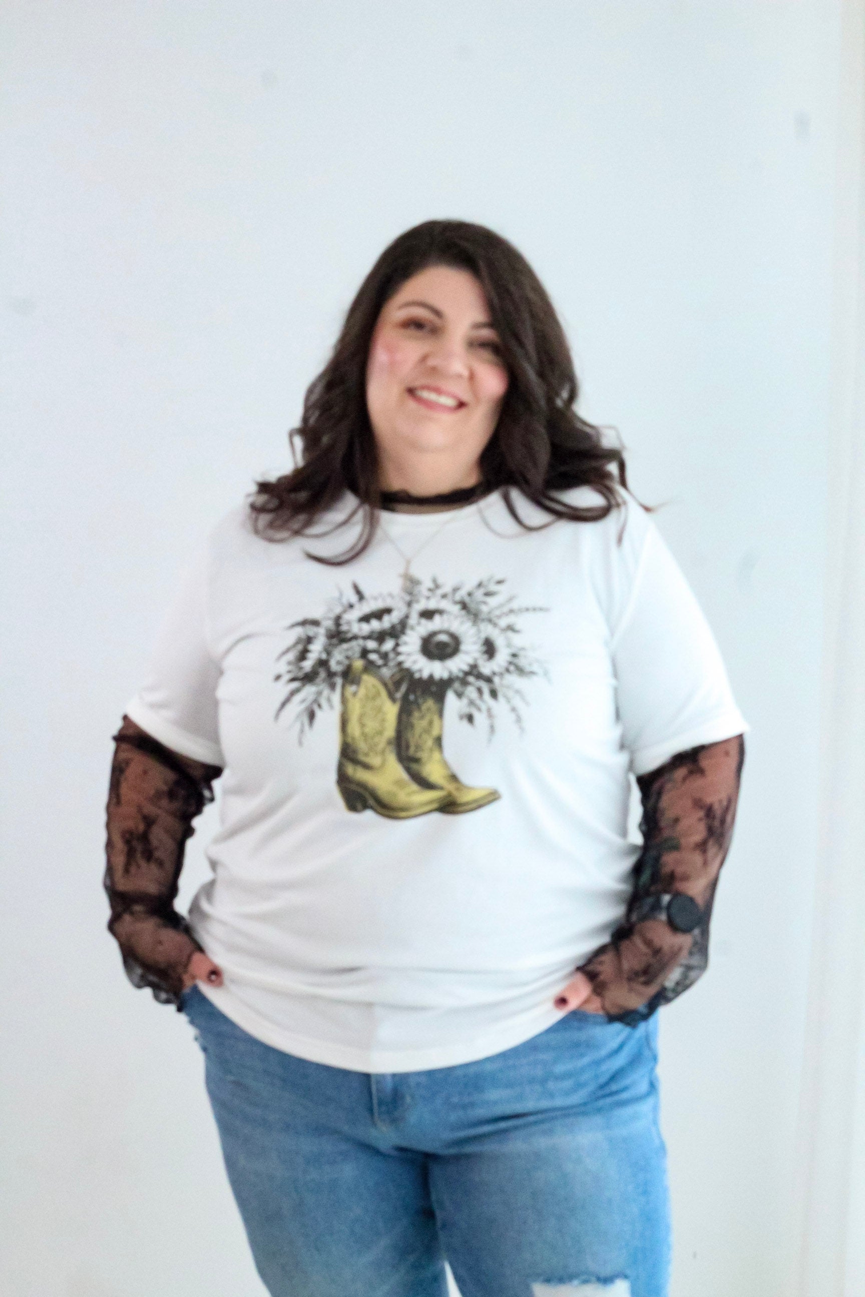 White Sunflower Cowgirl Boots Cotton Blend Graphic Tee