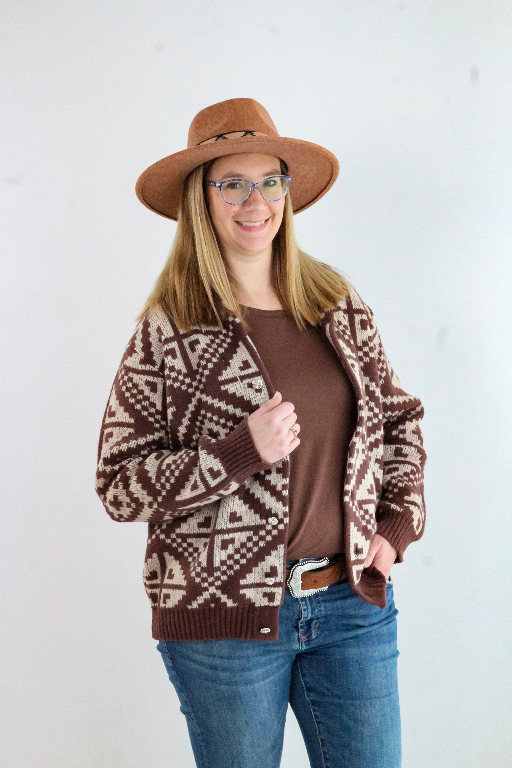 Cowichan-style Geometric Aztec Jacquard Knit Sweater
