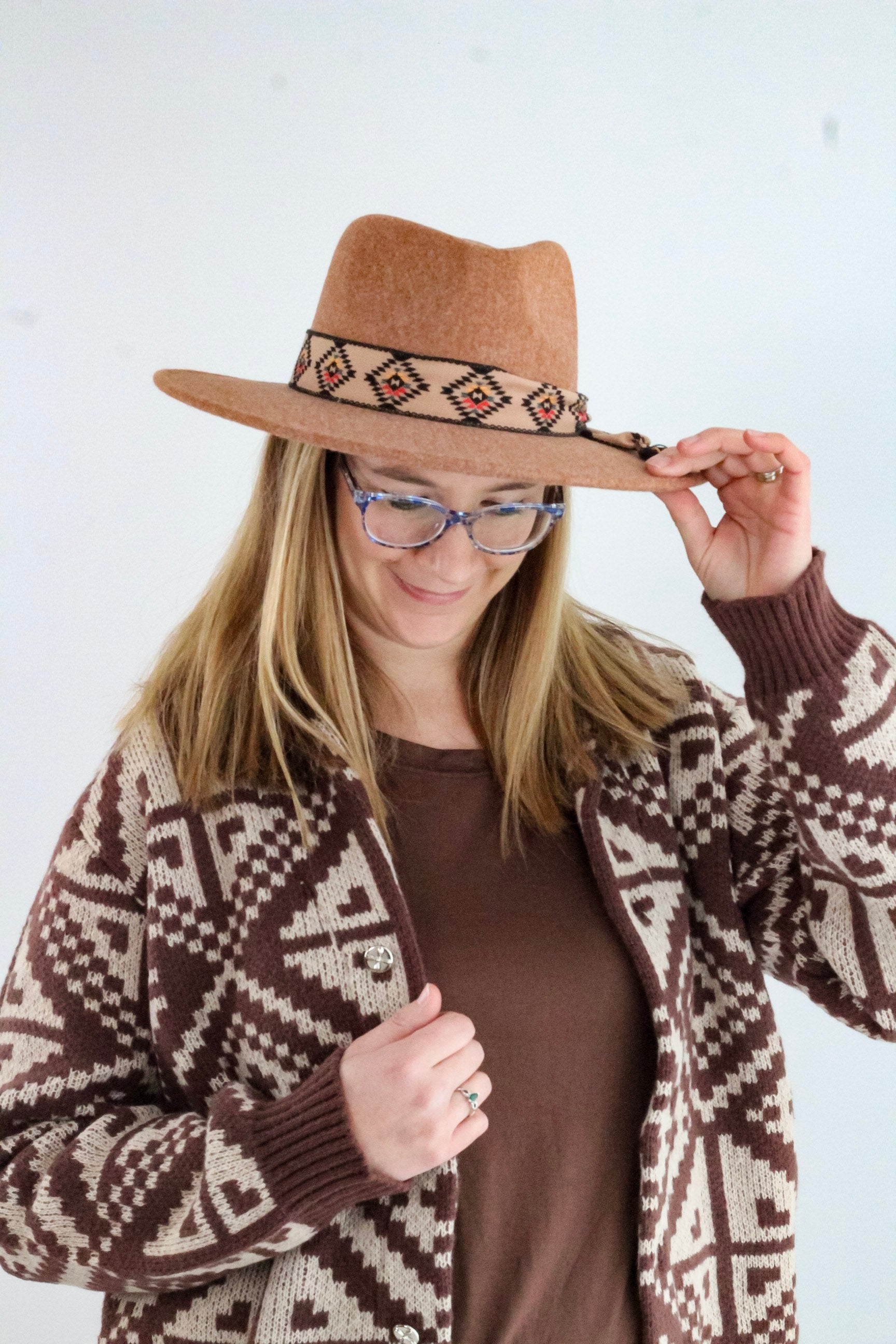 Aztec Trim Band Vegan Fabric C.C Panama Hat