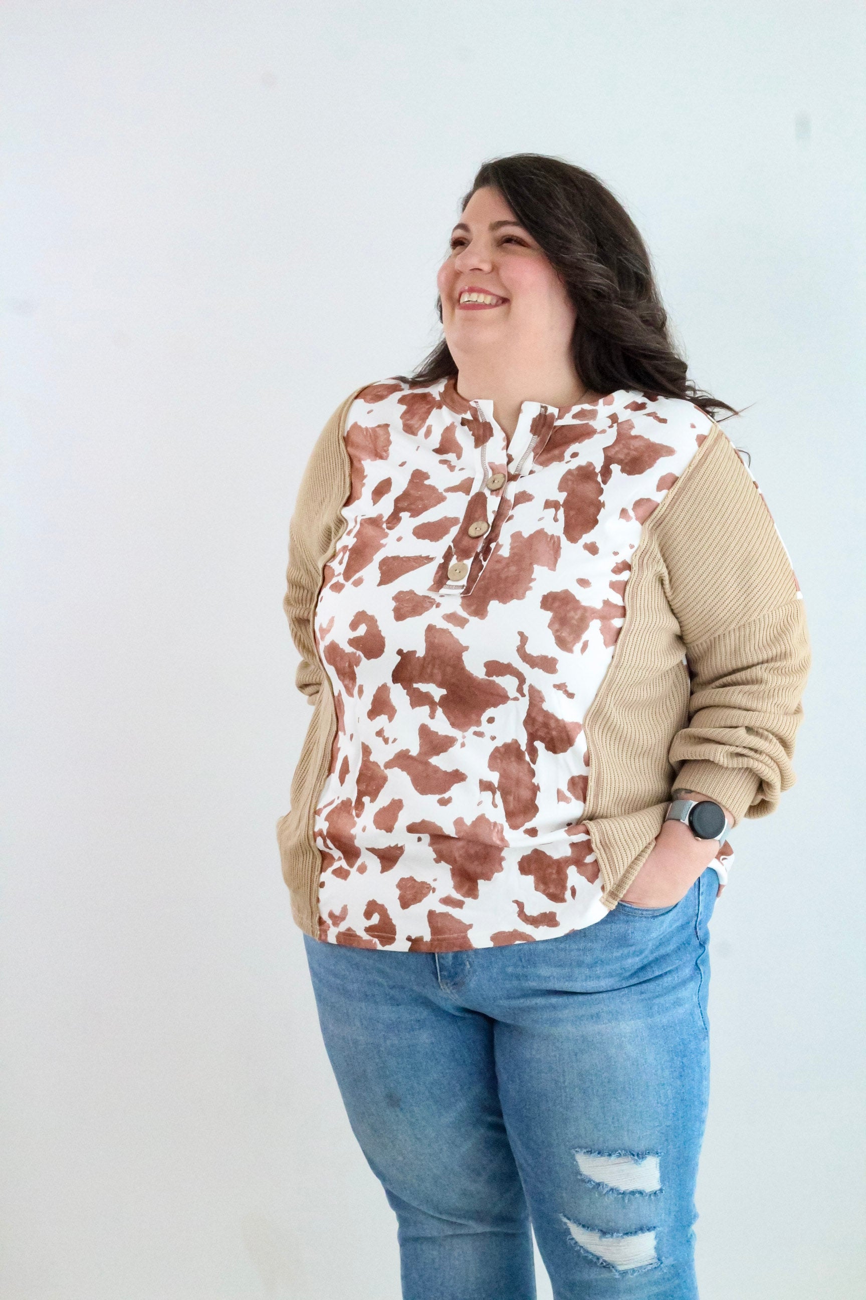 Cow Lantern Sleeve Henley Blouse