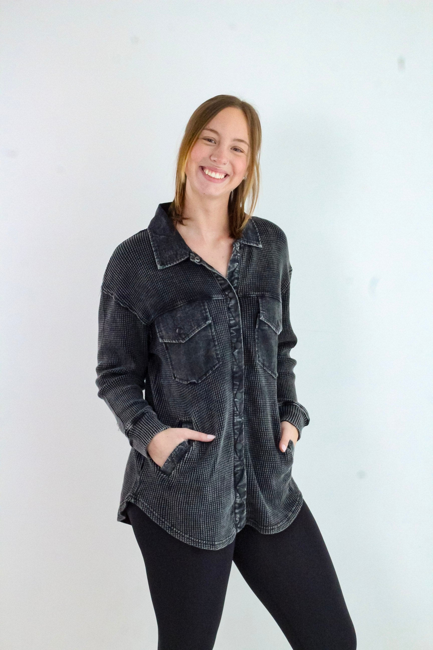 Waffle Knit Mineral-Washed Button Down Jacket