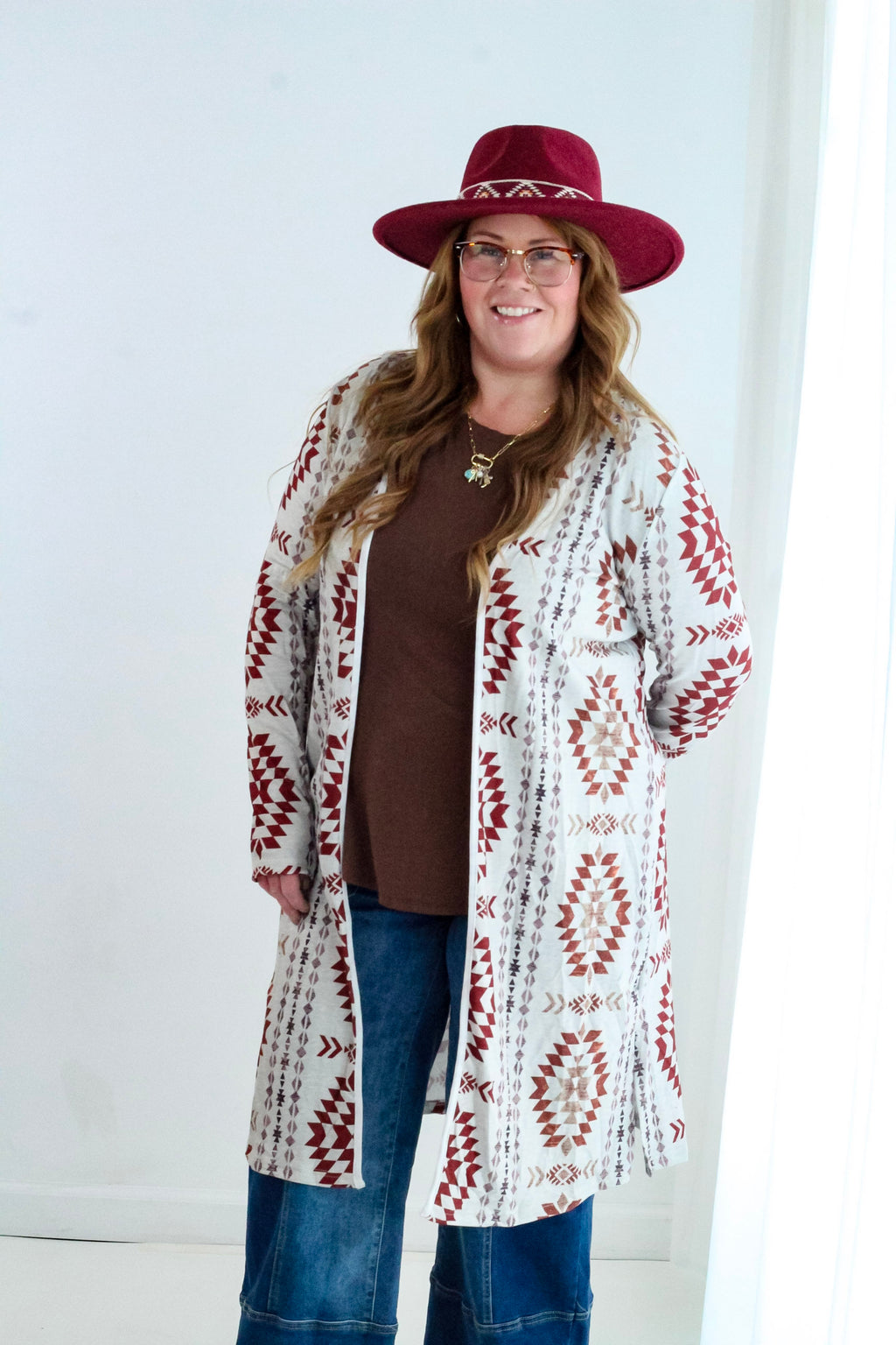 Brown Western Aztec Printed Open Front Long Cardigan