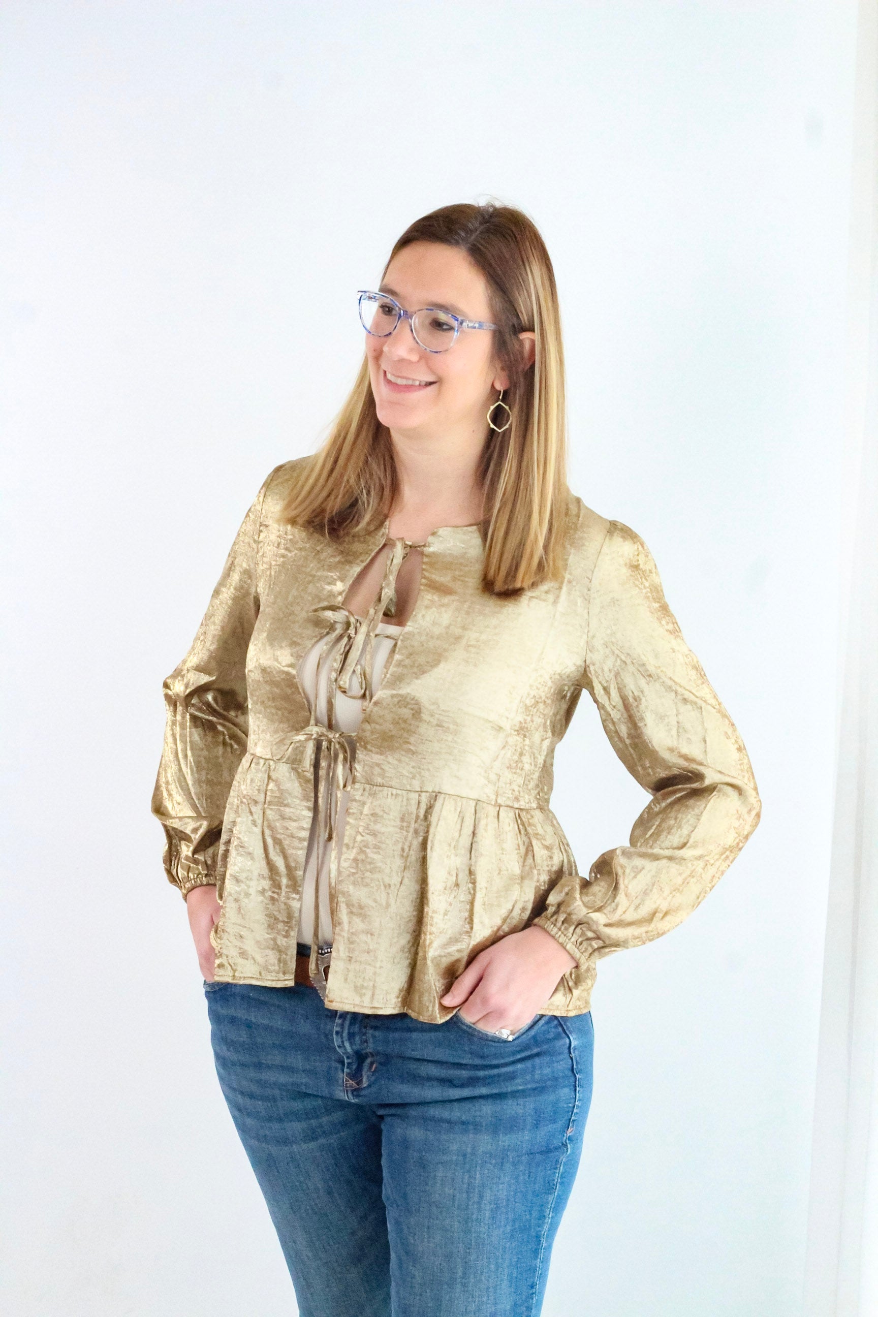Gold Front Tie Satin L/S Top