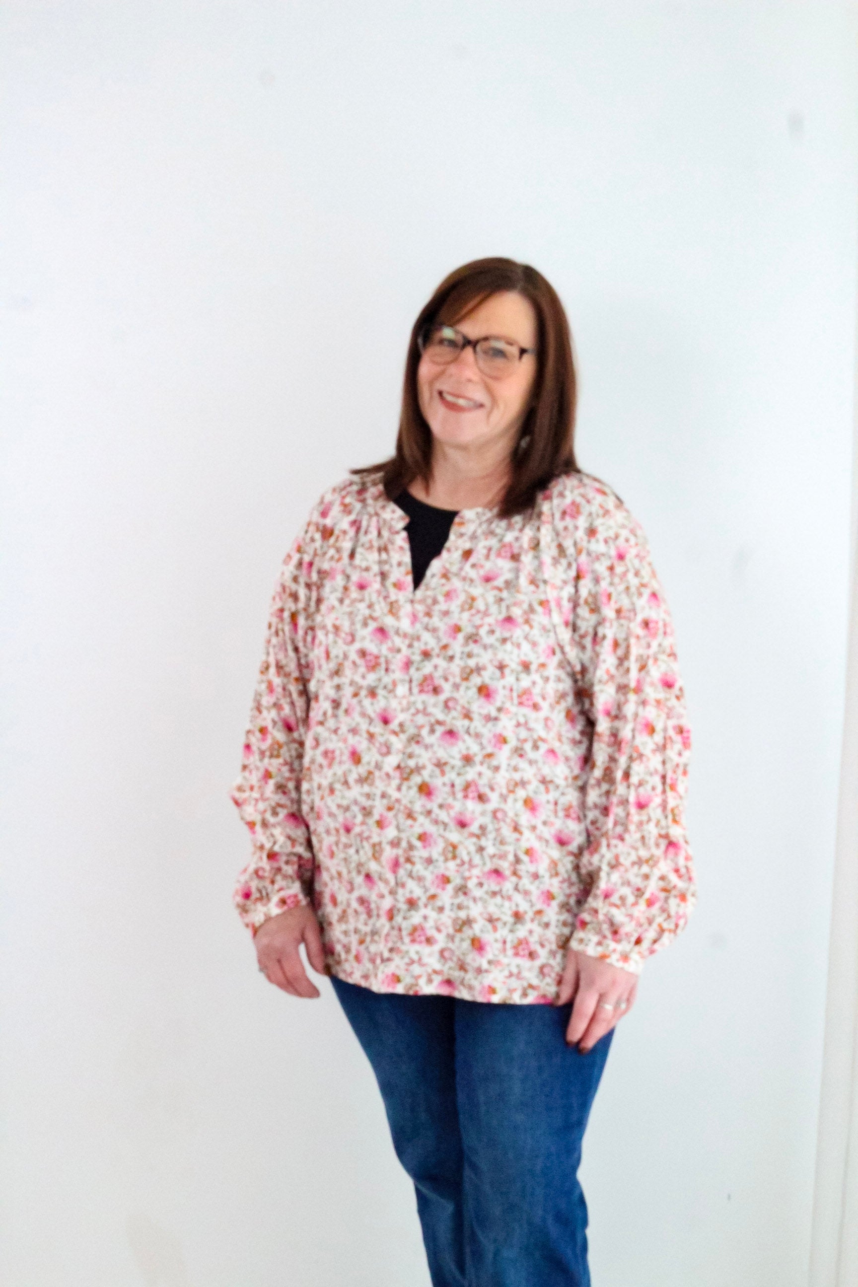 Floral Print Pleated Detail Notched Neck Blouse