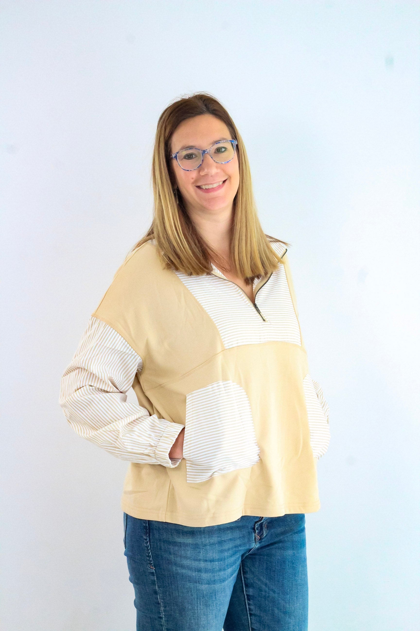 Striped Collared Zipper Long Sleeve Blouse