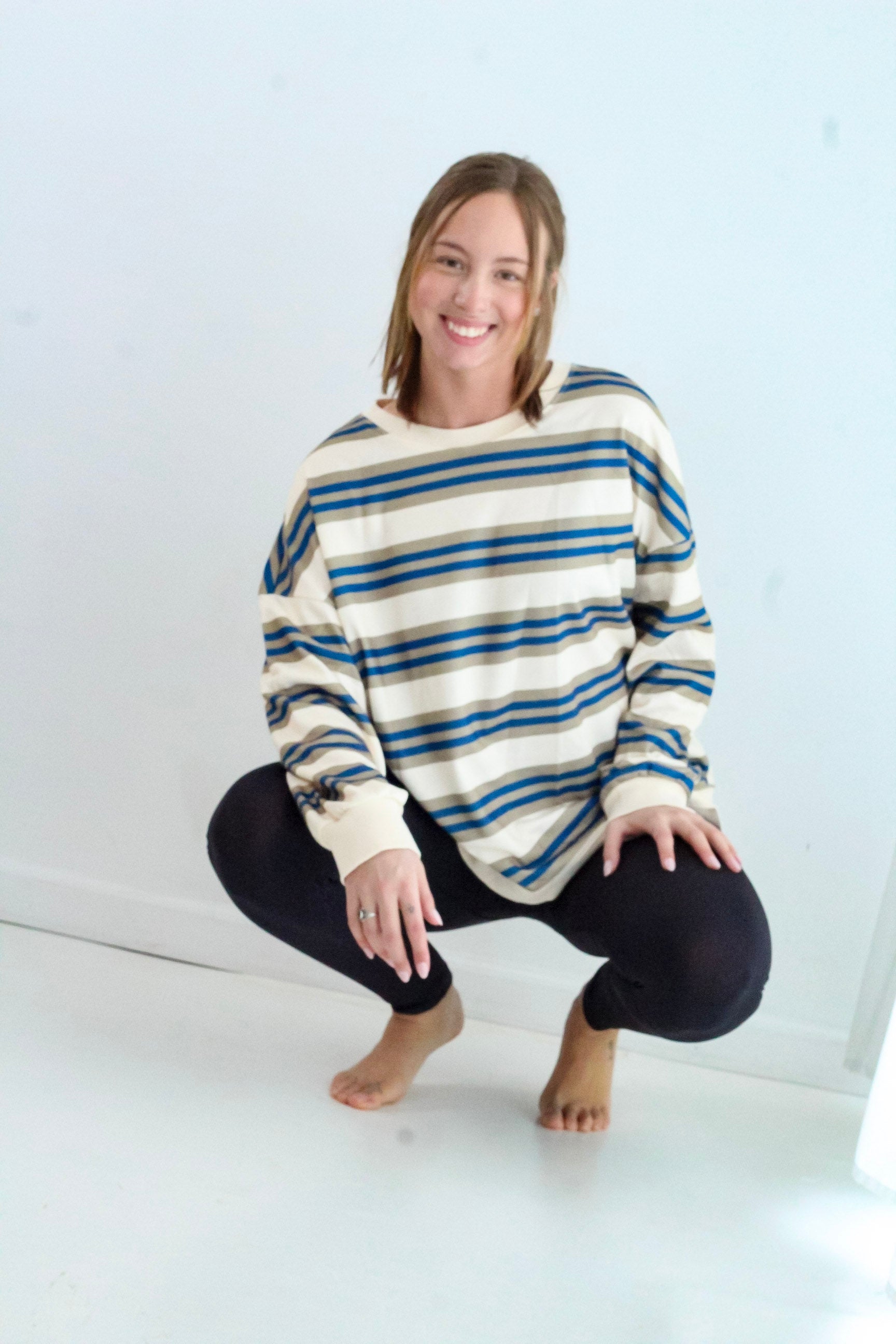 Khaki Stripe Crew Neck Drop Shoulder Pullover Sweatshirt