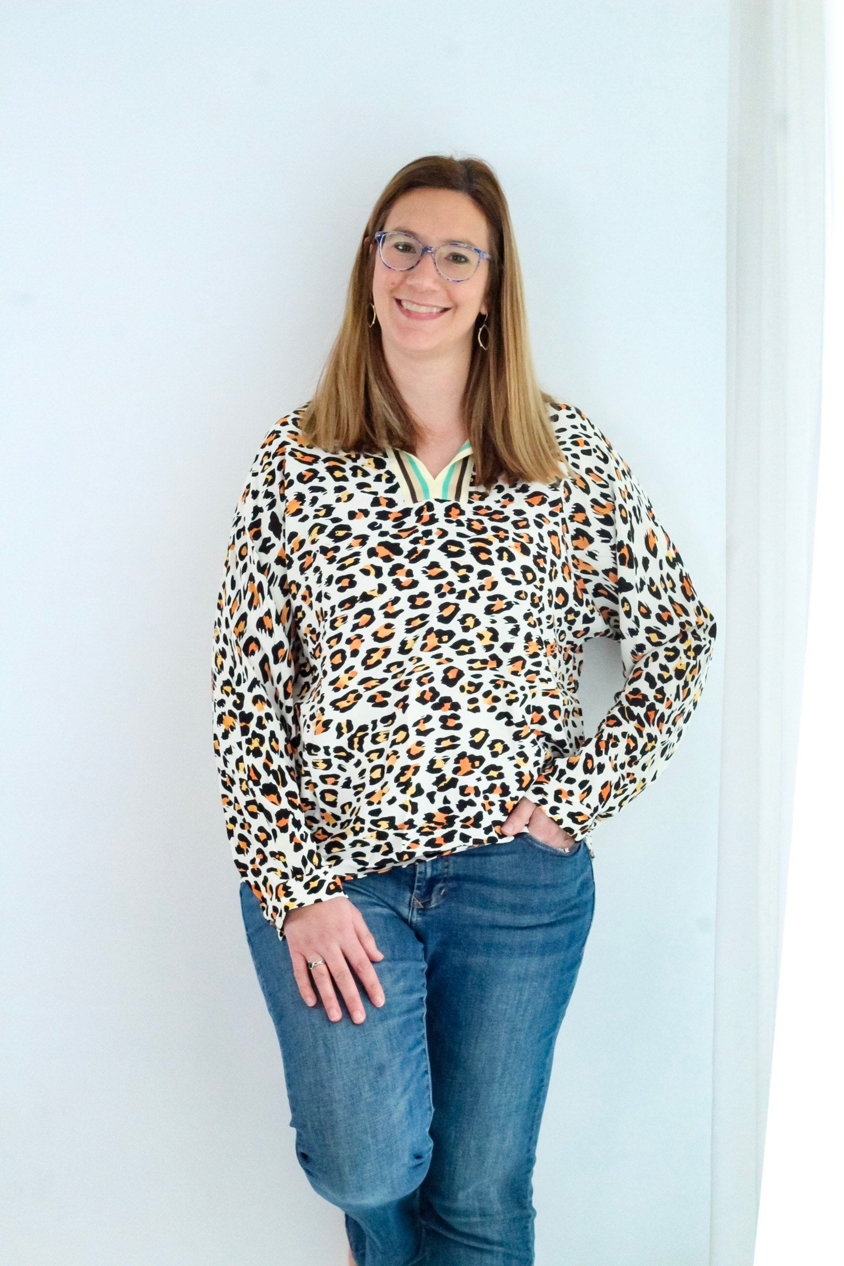 Khaki Leopard Print Contrast Striped V Neck Blouse