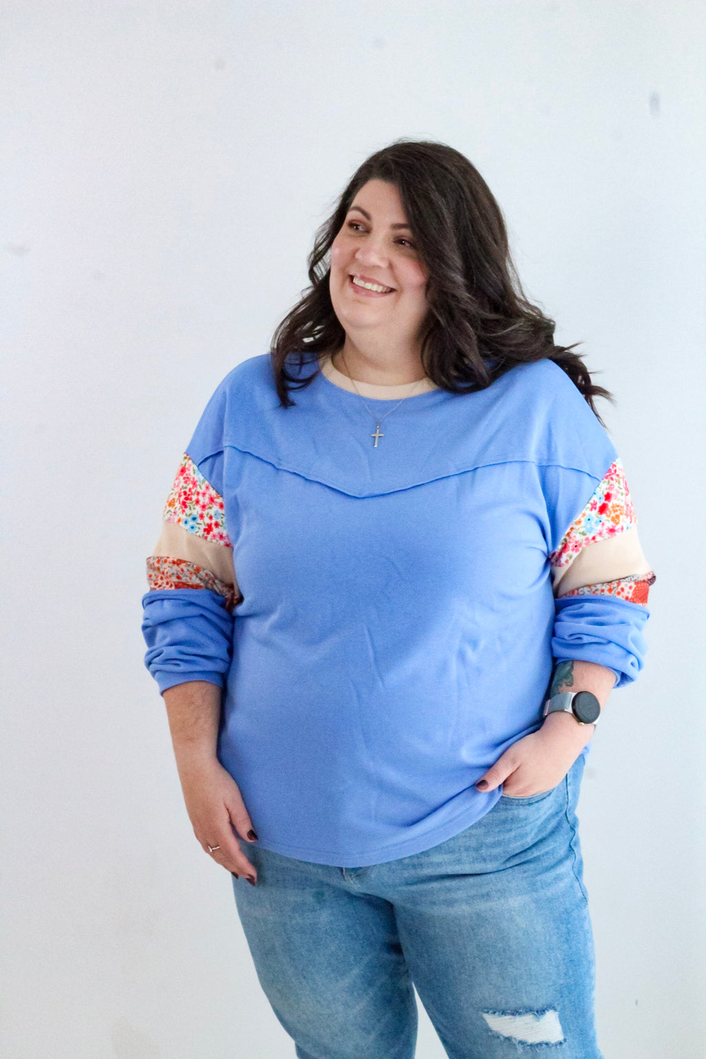 Plus Size Floral Patchwork Reverse Seam Top
