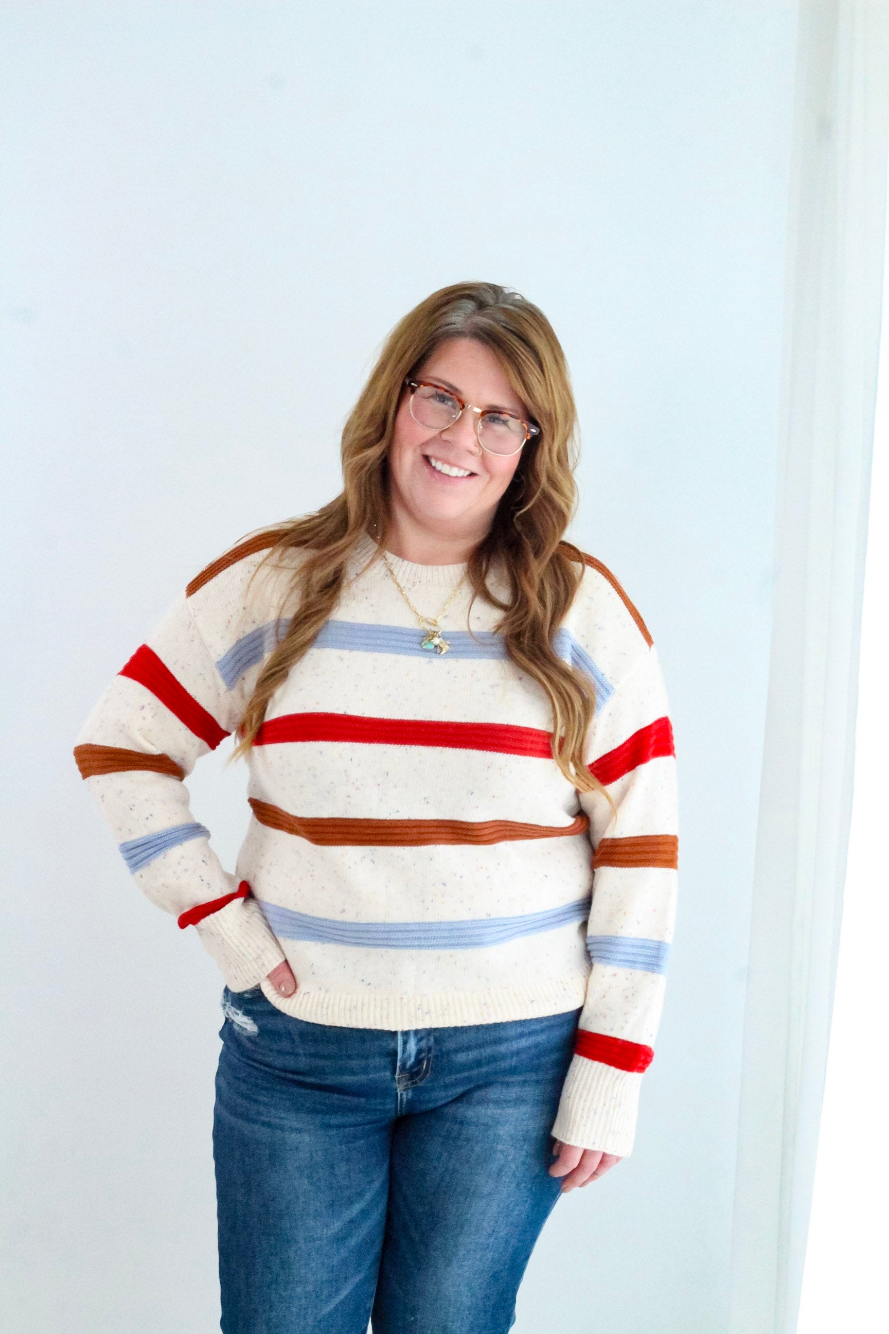 Beige Stripe Exposed Seam Drop Shoulder Heathered Knit Sweater