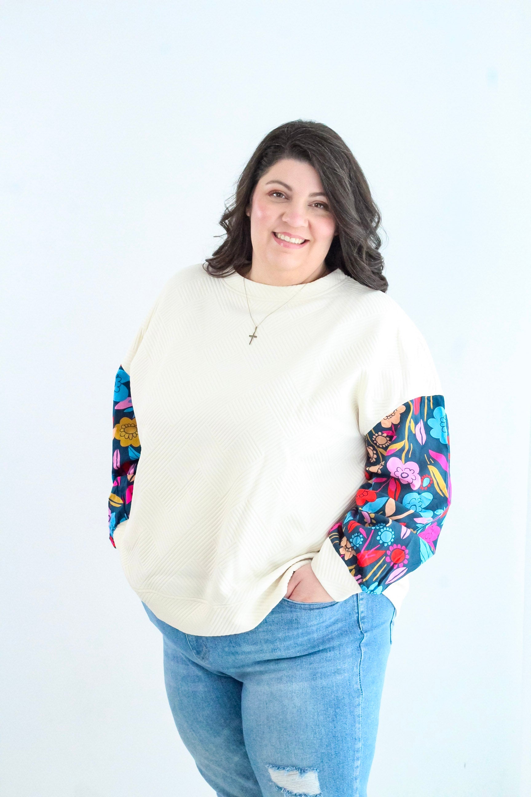 White Floral Patchwork Sleeve Pullover Top