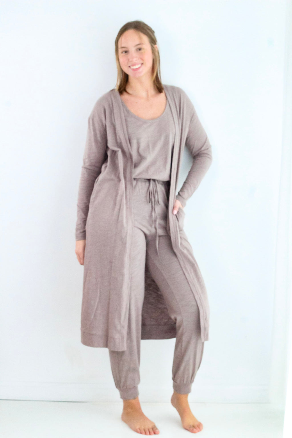 Set to Go Textured Jumpsuit And Cardigan Set - Mocha