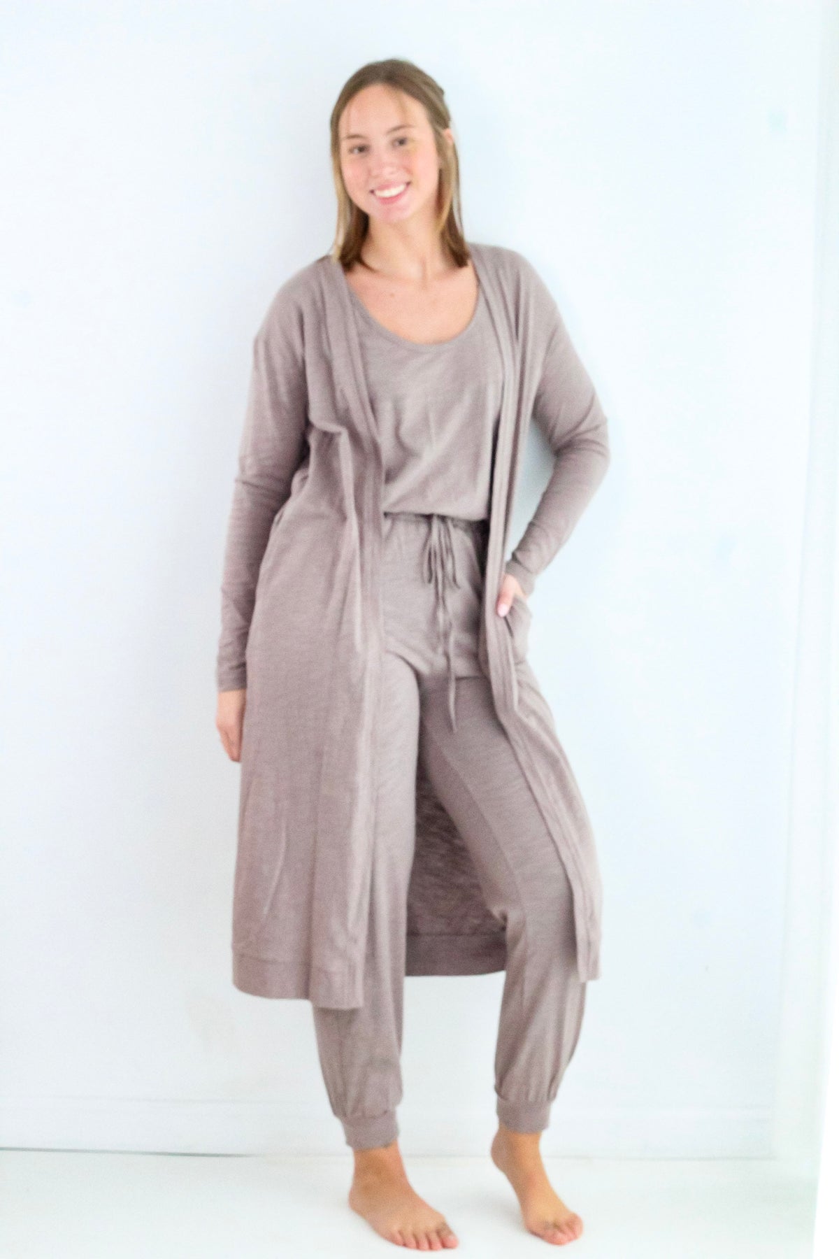 Set to Go Textured Jumpsuit And Cardigan Set - Mocha