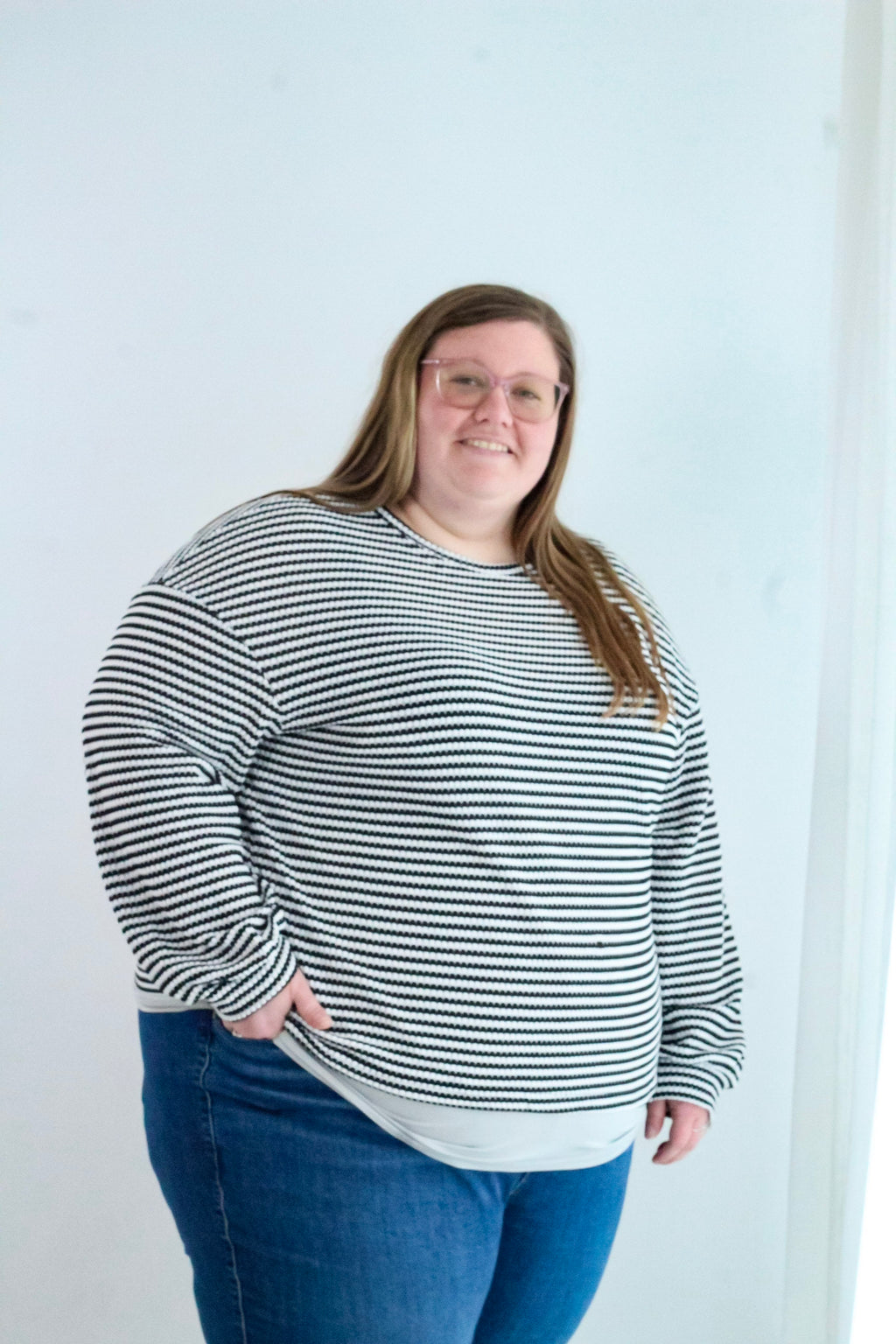 Plus Size Stripe Puff Long Sleeve T-Shirt