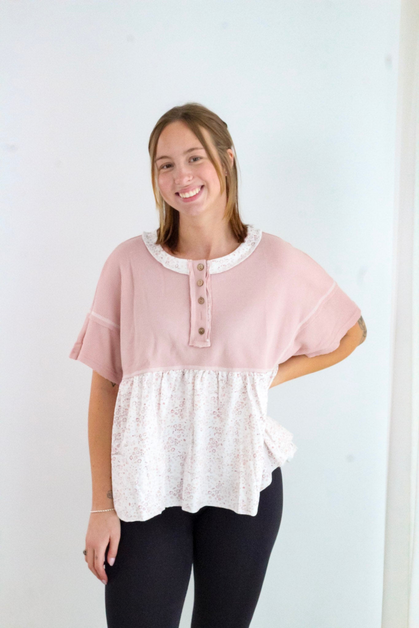 Waffle Floral Patchwork Exposed Seam Detail Top