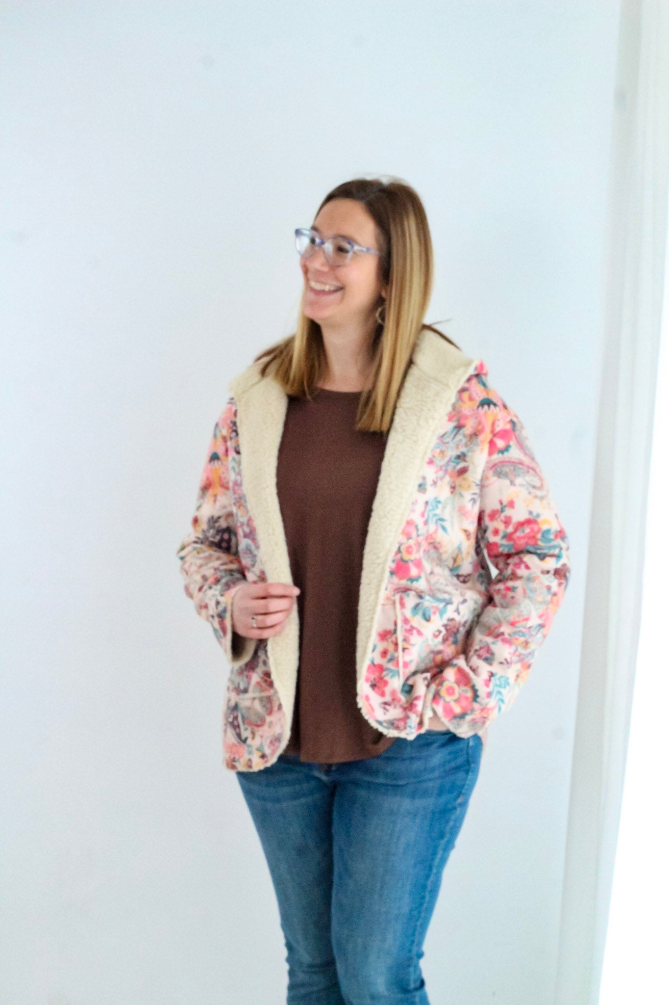 Beige Vintage Paisley Floral Printed Sherpa Lined Hooded Jacket
