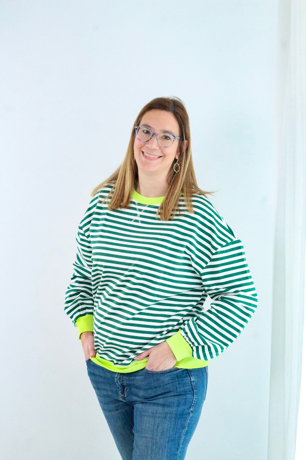 Striped Crew Neck Contrast Color Loose Long Sleeve Sweater