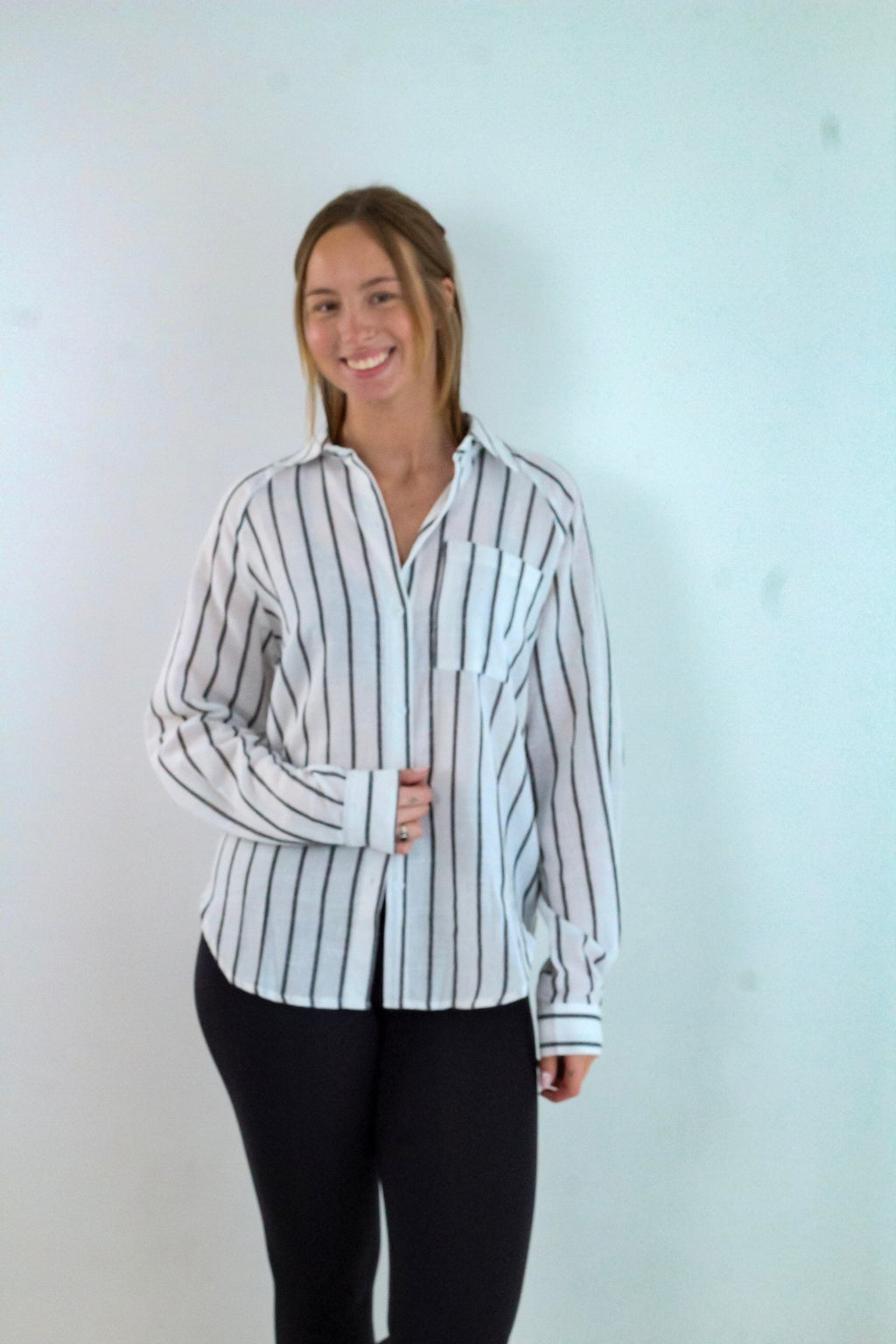Stripe Chest Pocket Buttoned Oversized Shirt